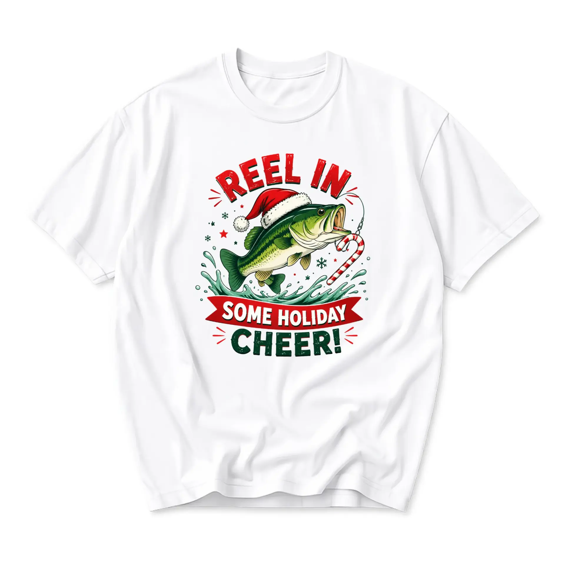 Funny Shirt Reel in Some Holiday Cheer Graphic Tee Christmas Fishing Lover Gift Unisex Crew Neck Casual Cotton Top