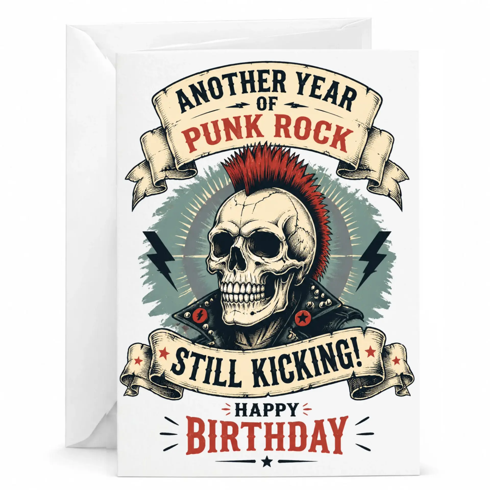 Birthday Card Funny Punk Rock Skull Theme Greeting Card for Music Lovers with Matching White Envelope 5x7 Inches