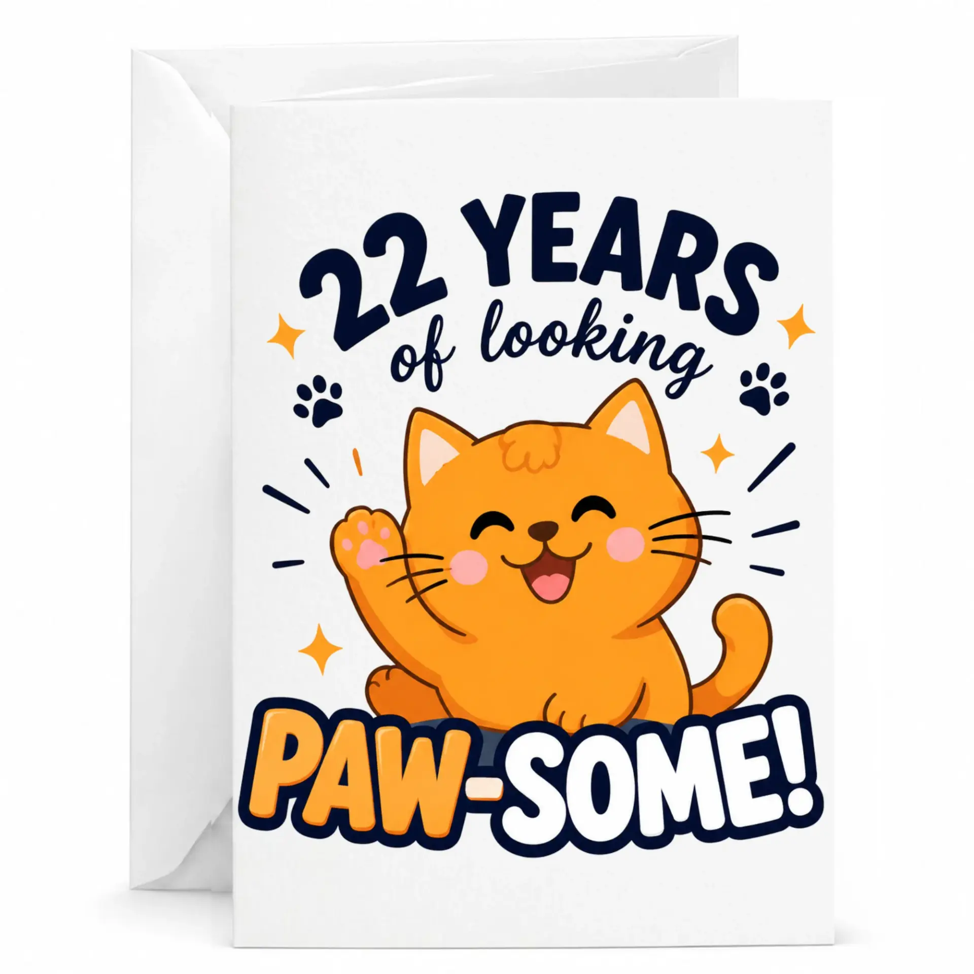 Funny Cat Anniversary Greeting Card, 22 Years of Looking Paw-Some, Cute Orange Kitten Illustration Note Card