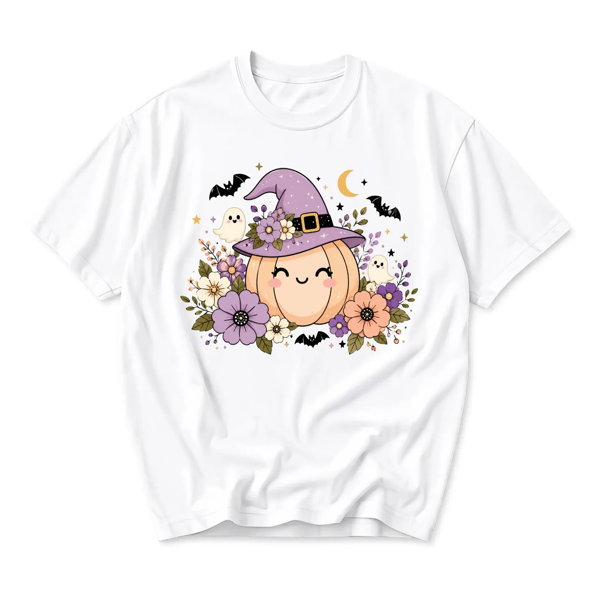Graphic Tee Cute Pumpkin Witch Hat Fall Floral Print Casual Unisex Crew Neck Short Sleeve Soft Cotton Blend Shirt