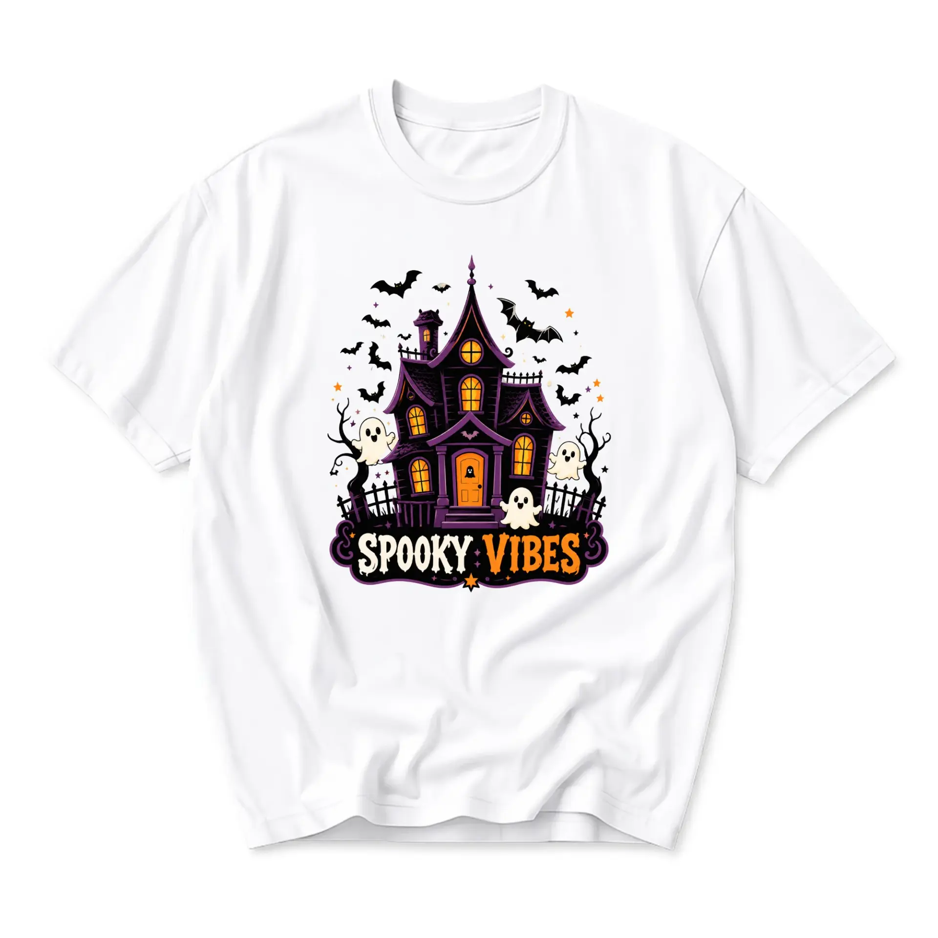Graphic Tee Spooky Vibes Haunted House Halloween Unisex Crew Neck Shirt for Casual Fall Wear and Festive Party Outfits