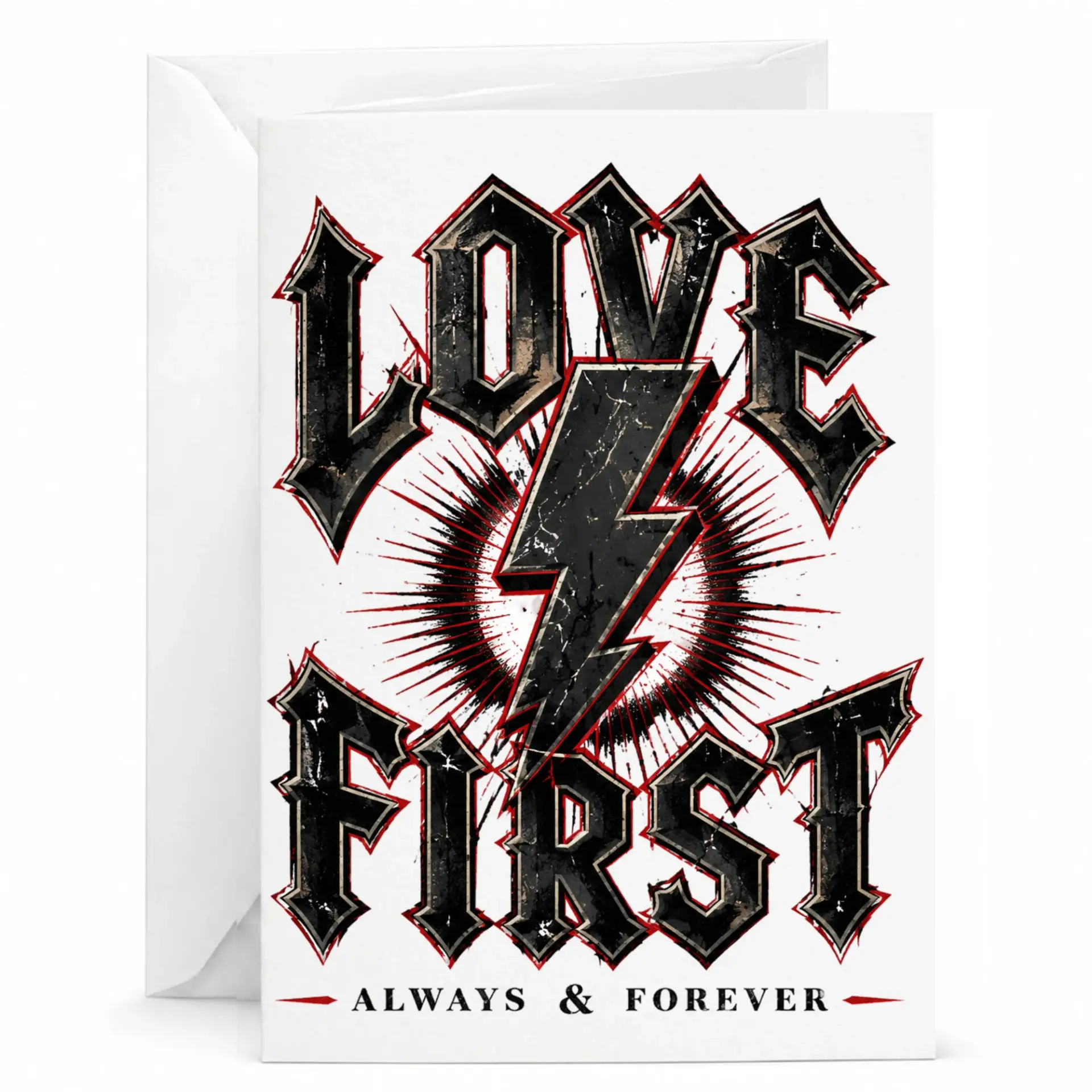 Greeting Card Love First Always and Forever Rock and Roll Inspired Design with Bold Lightning Bolt Typography