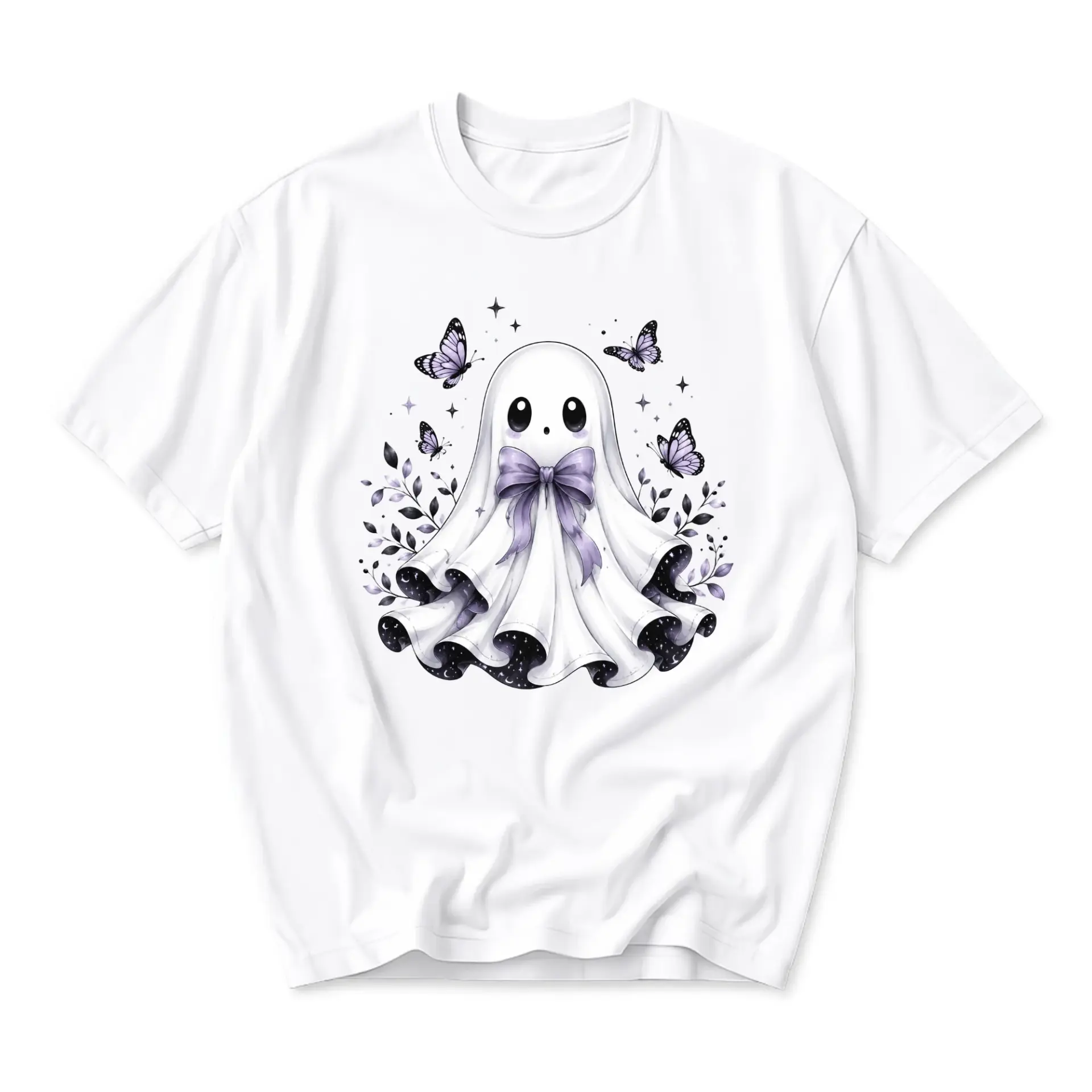 Graphic Tee Cute Ghost with Butterflies Illustration Unisex Crew Neck Short Sleeve Casual Cotton Blend T-Shirt Top