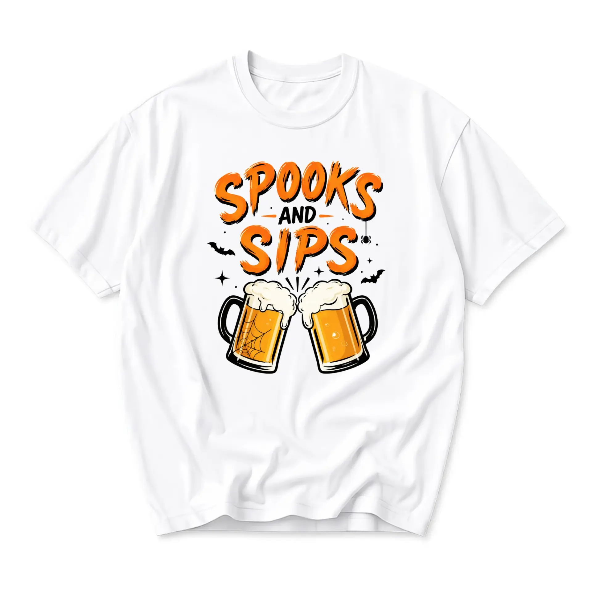 Funny Shirt Spooks and Sips Graphic Tee Halloween Beer Celebration Casual Unisex Short Sleeve Crew Neck Cotton Top