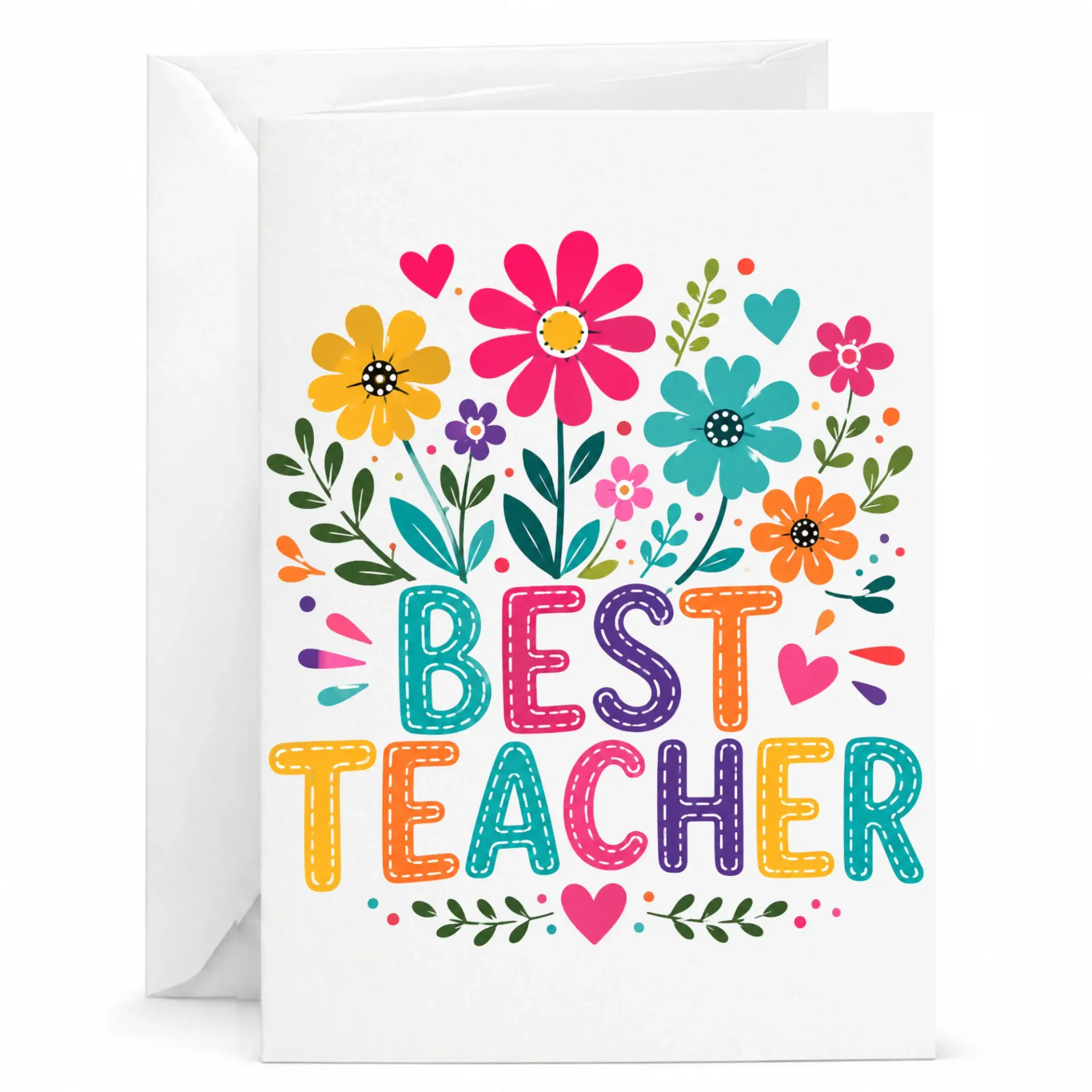 Card Best Teacher Floral Design Printed Greeting with Envelope for Appreciation and Heartfelt Messages