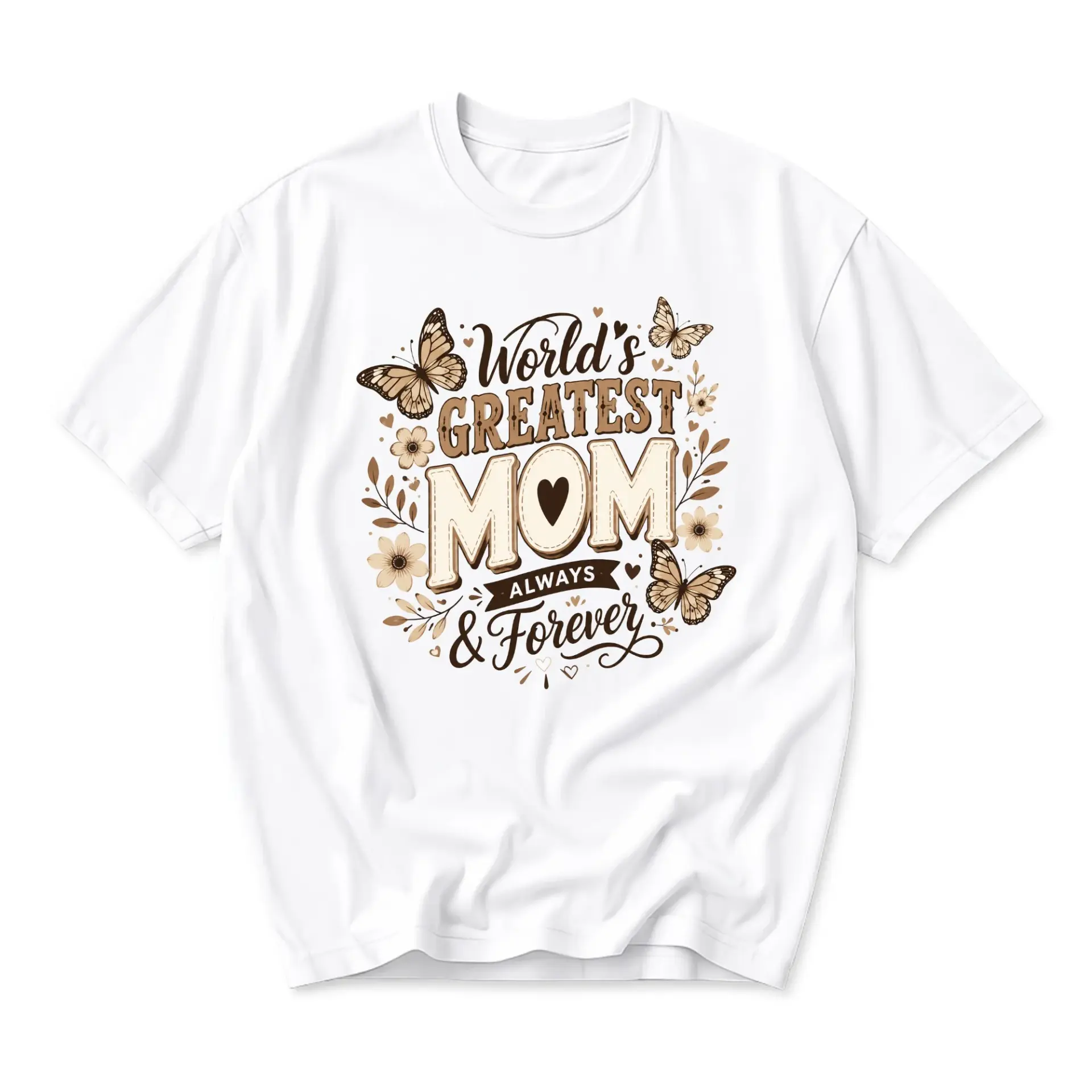 Graphic Tee World's Greatest Mom Always and Forever Floral Butterfly Print Unisex Crew Neck Casual Short Sleeve Shirt