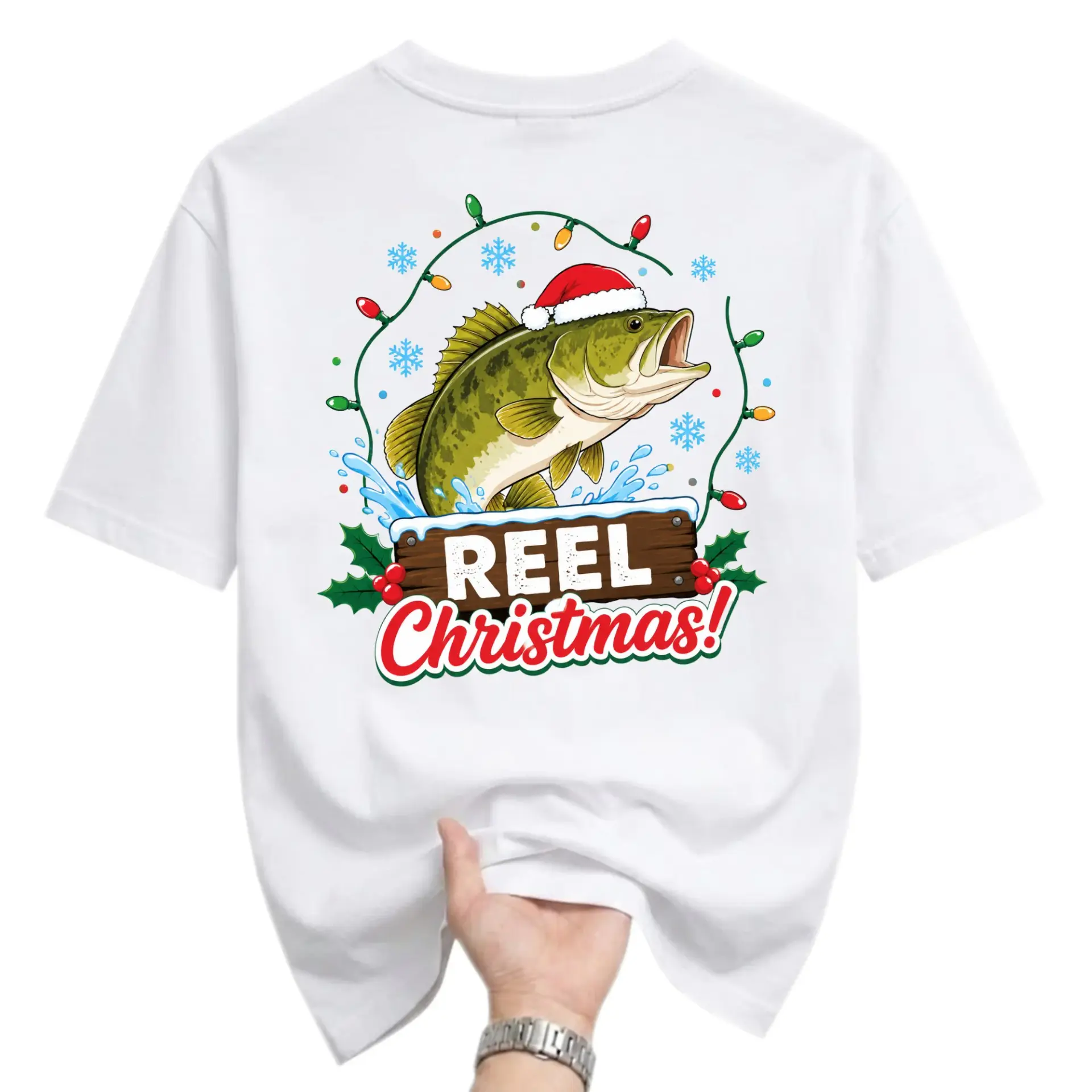 Graphic Tee Reel Christmas Fish Santa Hat Holiday Humor Unisex Short Sleeve Crew Neck Cotton Shirt