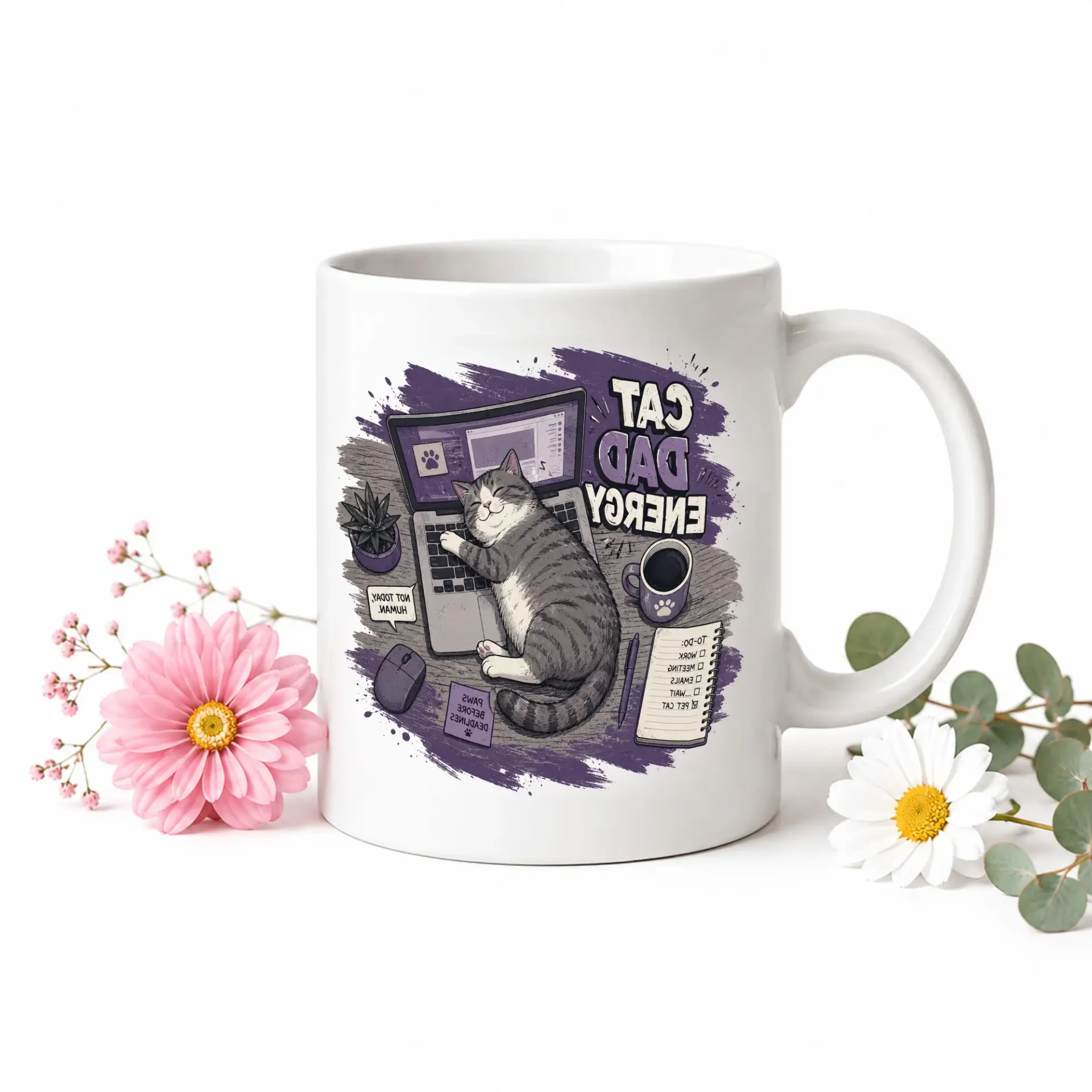 Funny Cat Dad Energy Coffee Mug for Office Enthusiasts Featuring Relaxing Pet Illustration on a Ceramic Cup Drinkware