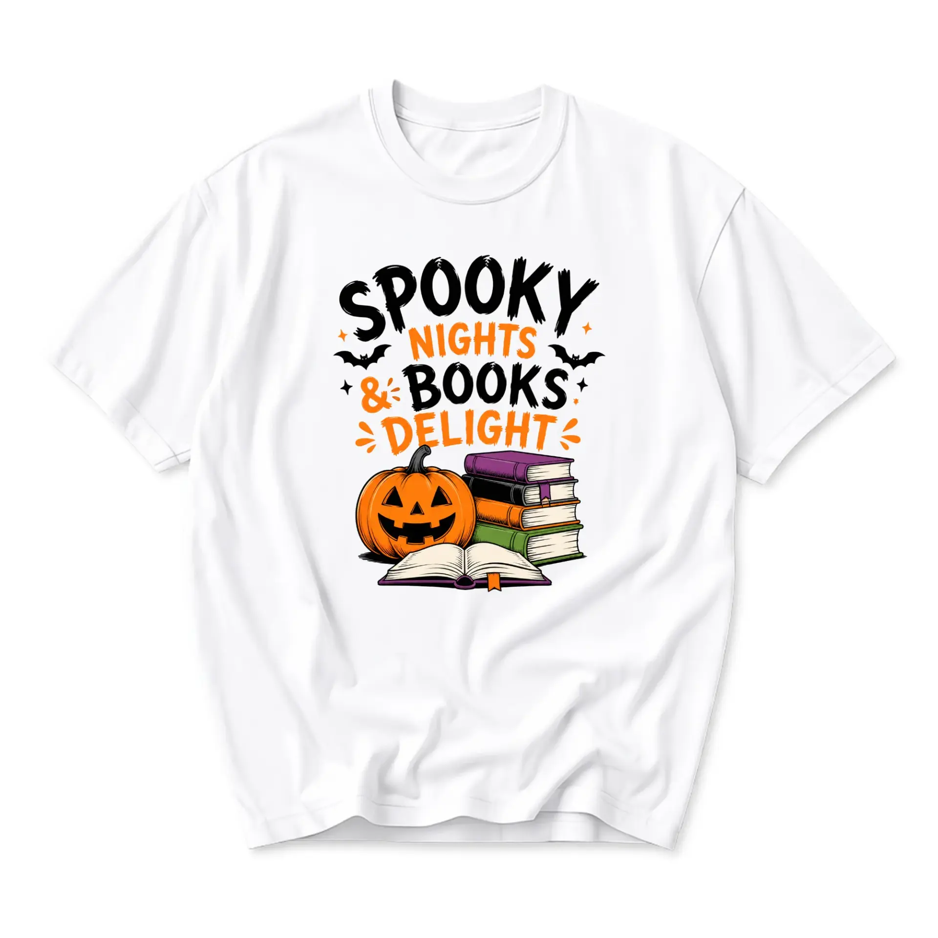 Graphic Tee Spooky Nights and Books Delight Printed Shirt for Autumn Readers Unisex Crew Neck Casual Cotton Top