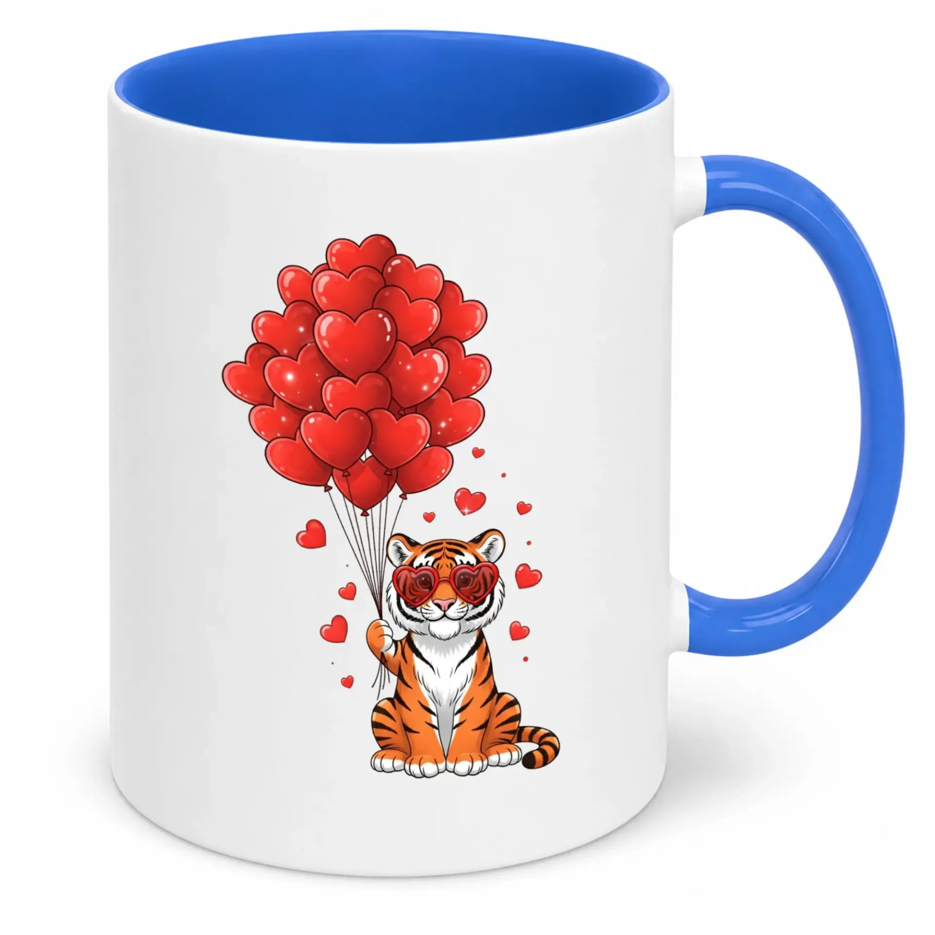 Cute Tiger Heart Balloons Ceramic Coffee Mug, 11oz or 15oz White Ceramic Drinkware, Blue Handle Interior, Adorable Animal Valentine's Day Gift