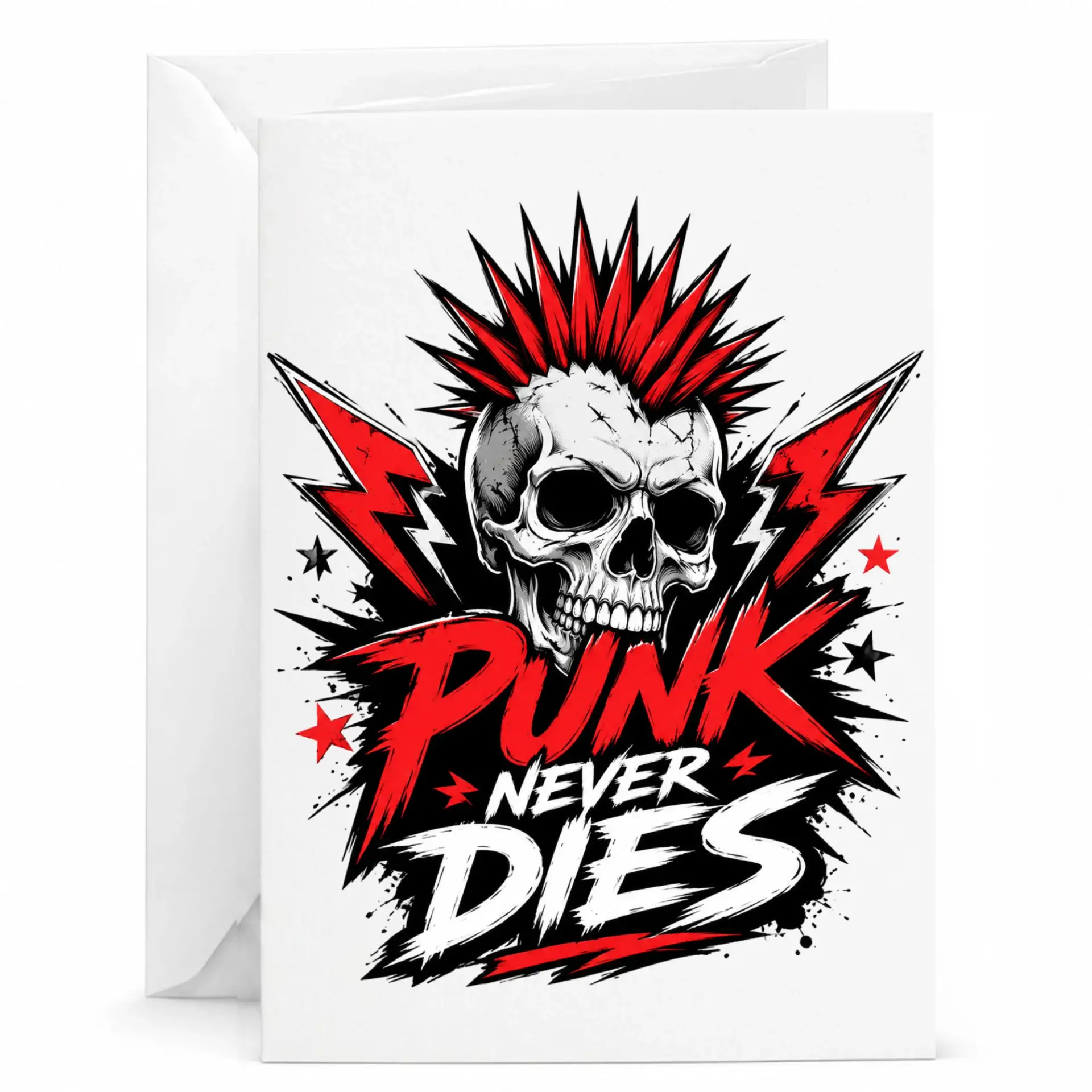 Funny Punk Never Dies Greeting Card Rock Music Enthusiast Alternative Style Skull Design Folded Note Card