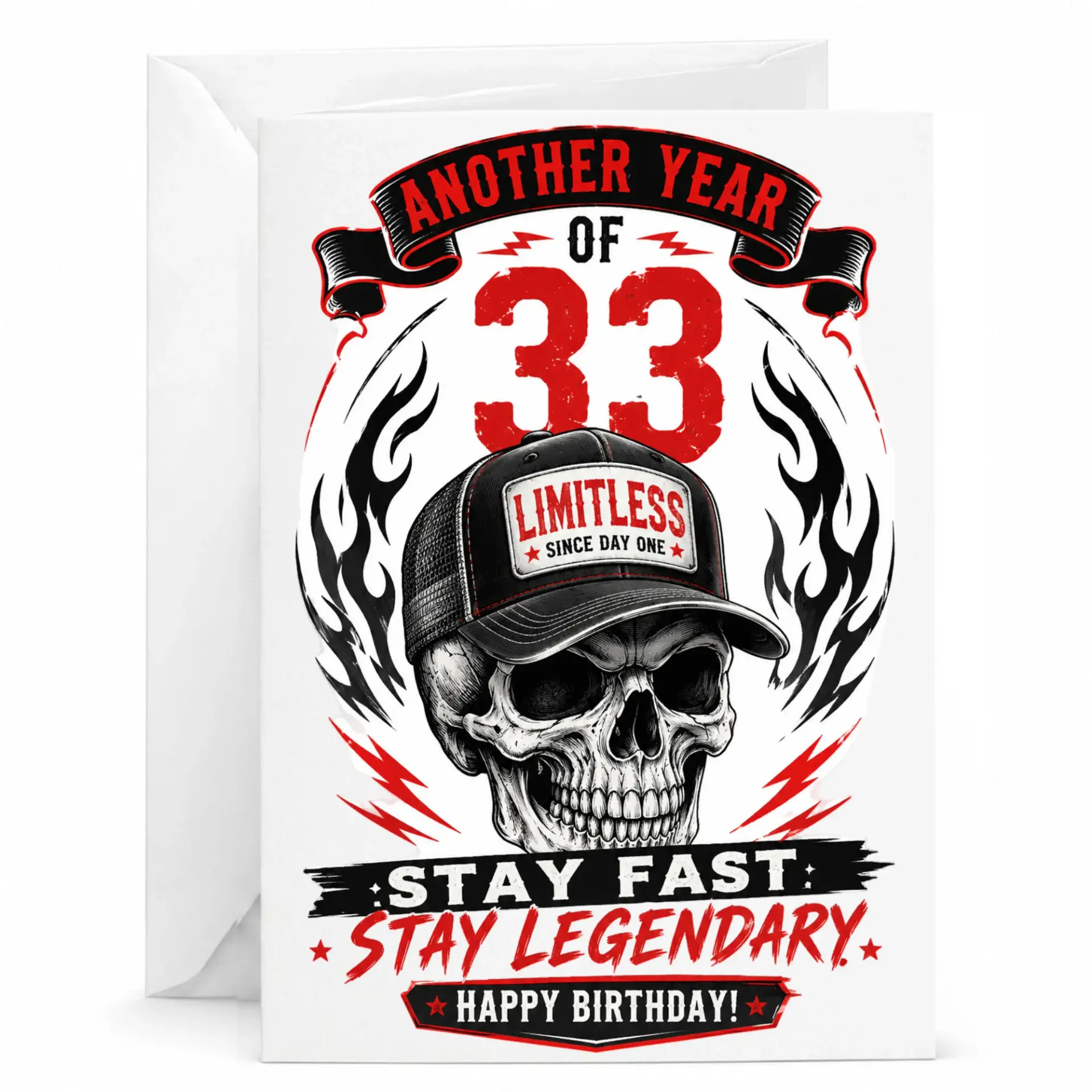 Birthday Card for 33rd Funny Skull Graphic Design Greeting with Envelope Men and Women