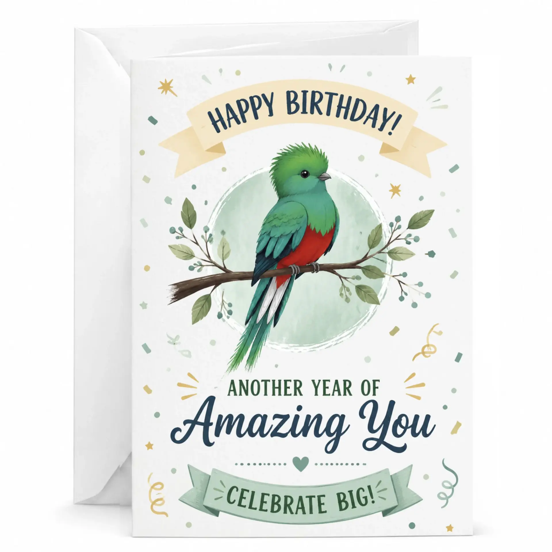 Birthday Card Featuring a Beautiful Quetzal Bird Illustration with Elegant Botanical Accents for Special Celebrations