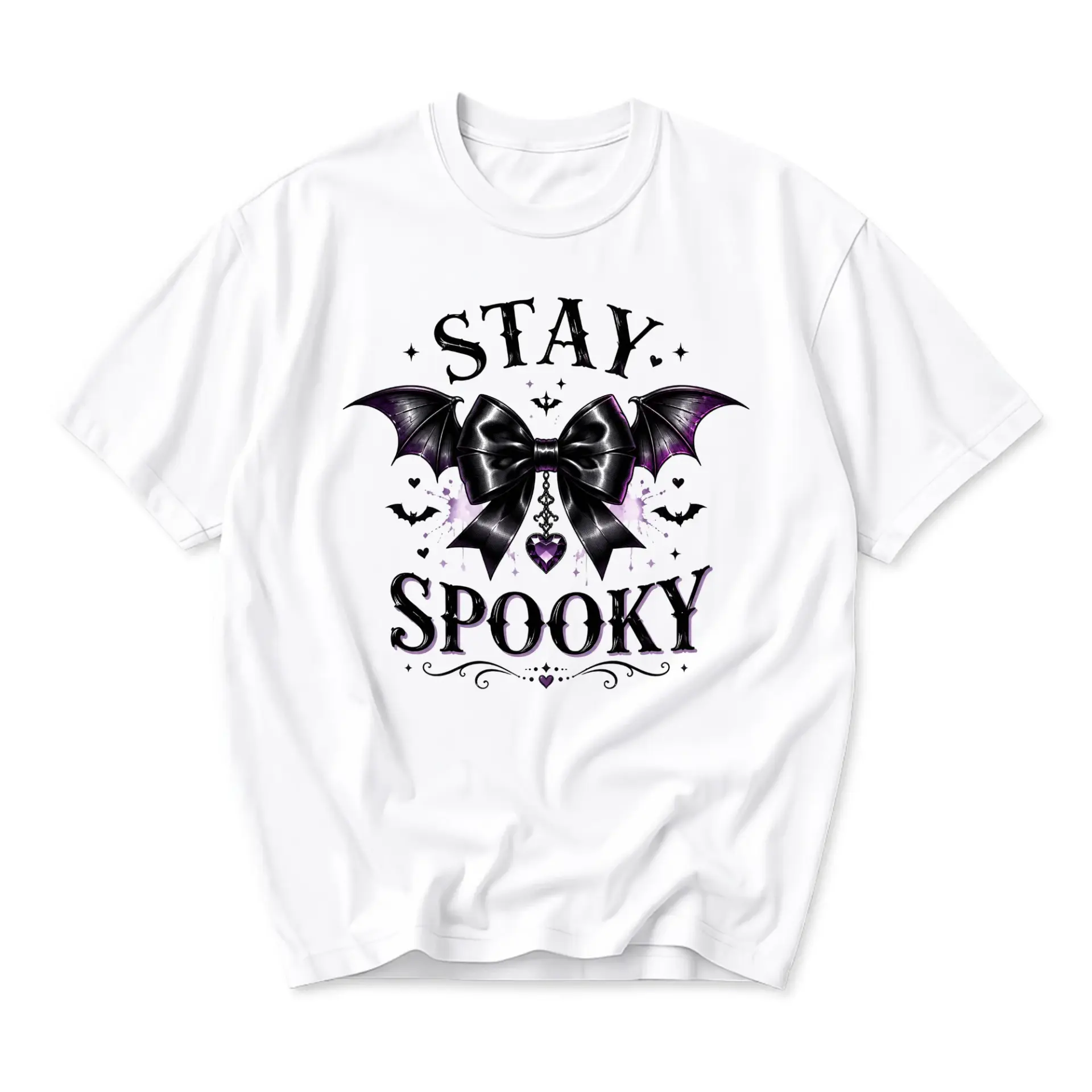 Graphic Tee Stay Spooky Gothic Bat Bow Print Unisex Cotton Crew Neck Casual Short Sleeve T-Shirt for Everyday Wear