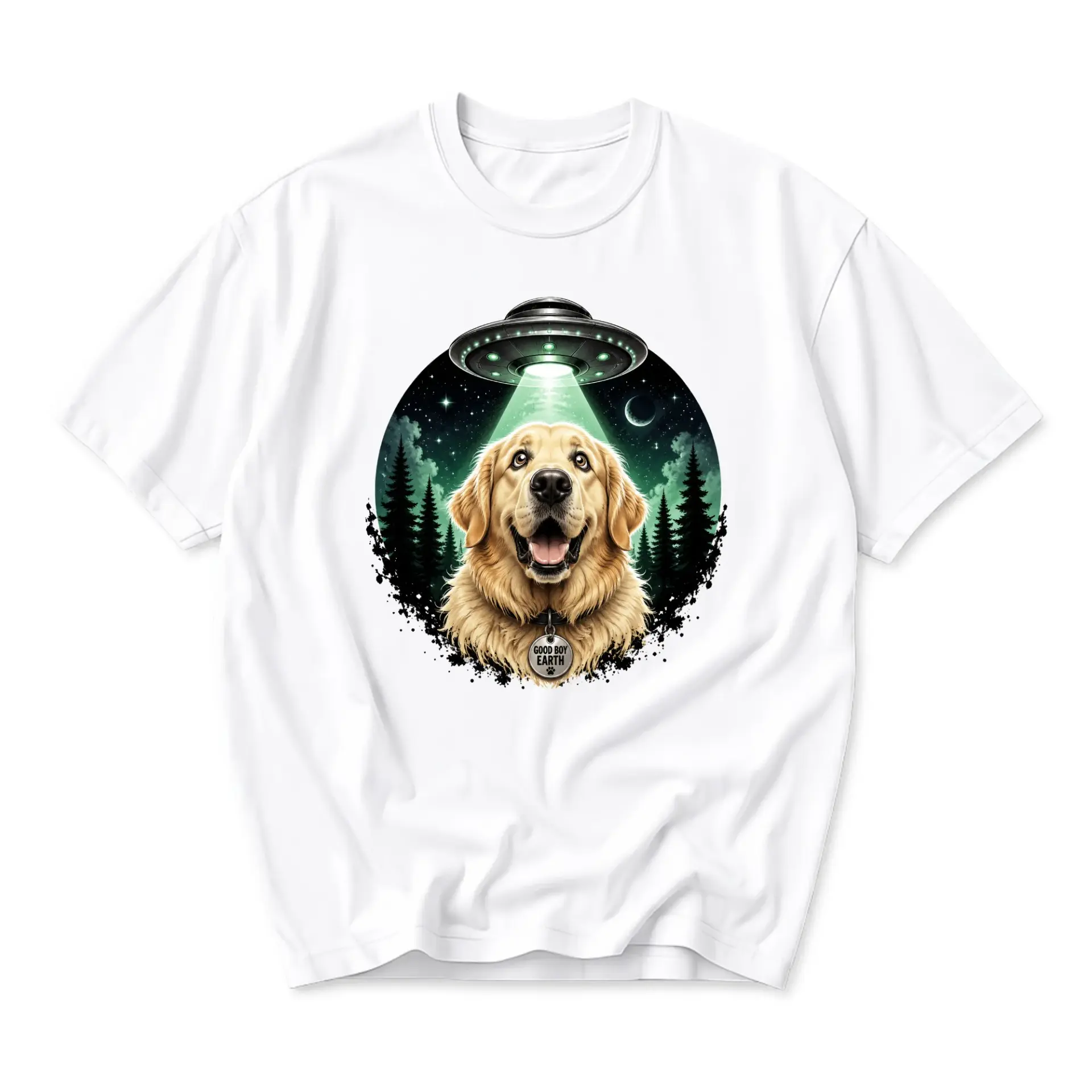 Graphic Tee Unisex Crew Neck T-Shirt Featuring a Golden Retriever Dog Being Beamed up by a Space Fantasy Design