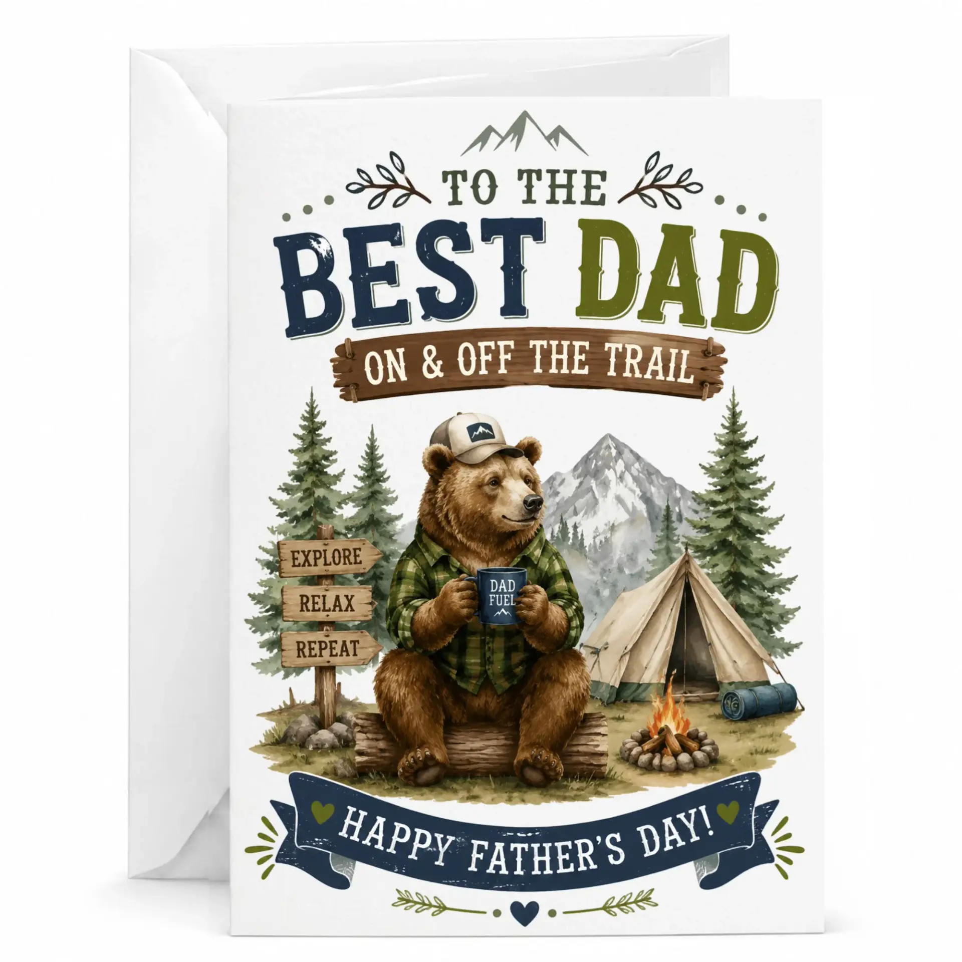 Greeting Card for Dad Featuring Camping Theme Bear Illustration with Mountain Scenery Outdoor Enthusiast