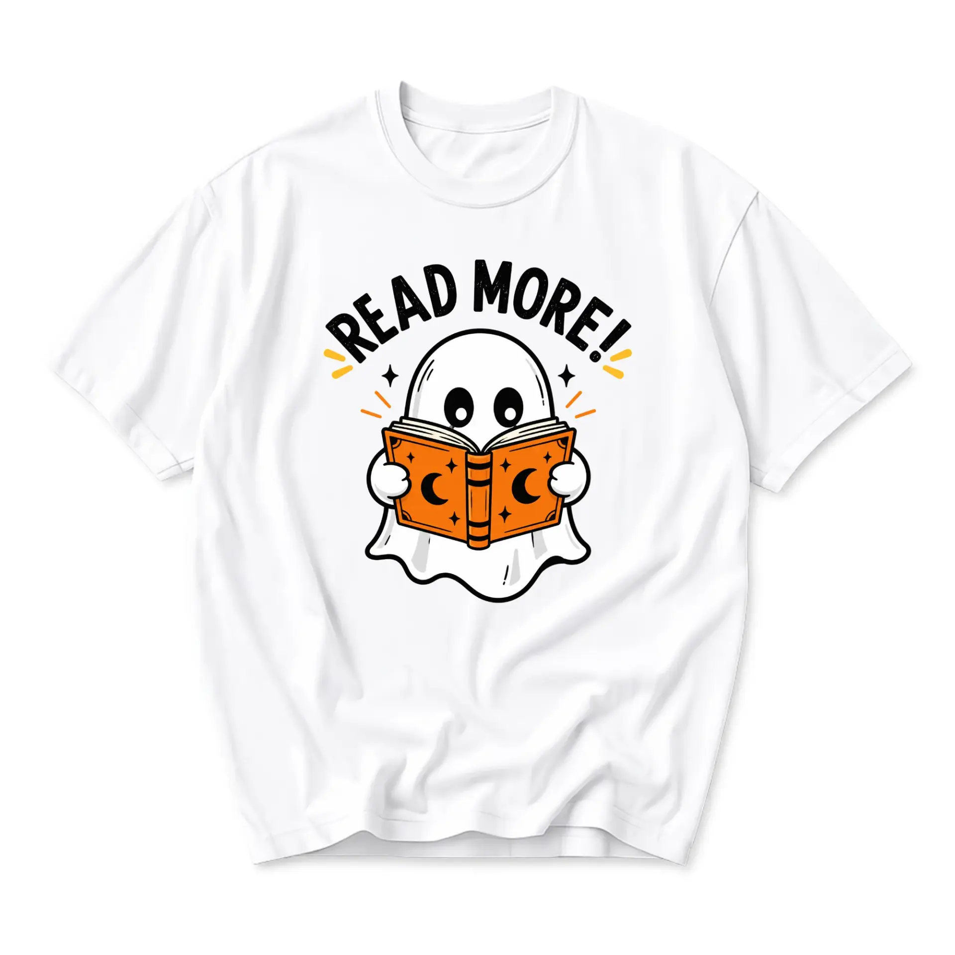 Graphic Tee Unisex Read More Ghost Reading Book Casual Shirt for Literature Lovers and Book Club Enthusiasts White