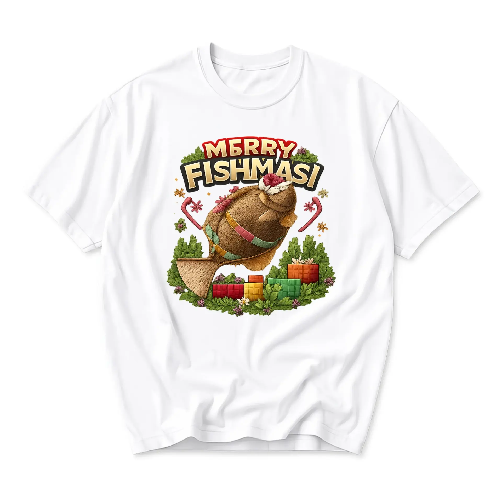 Funny Shirt Merry Fishmas Holiday Graphic Tee Casual Unisex Short Sleeve