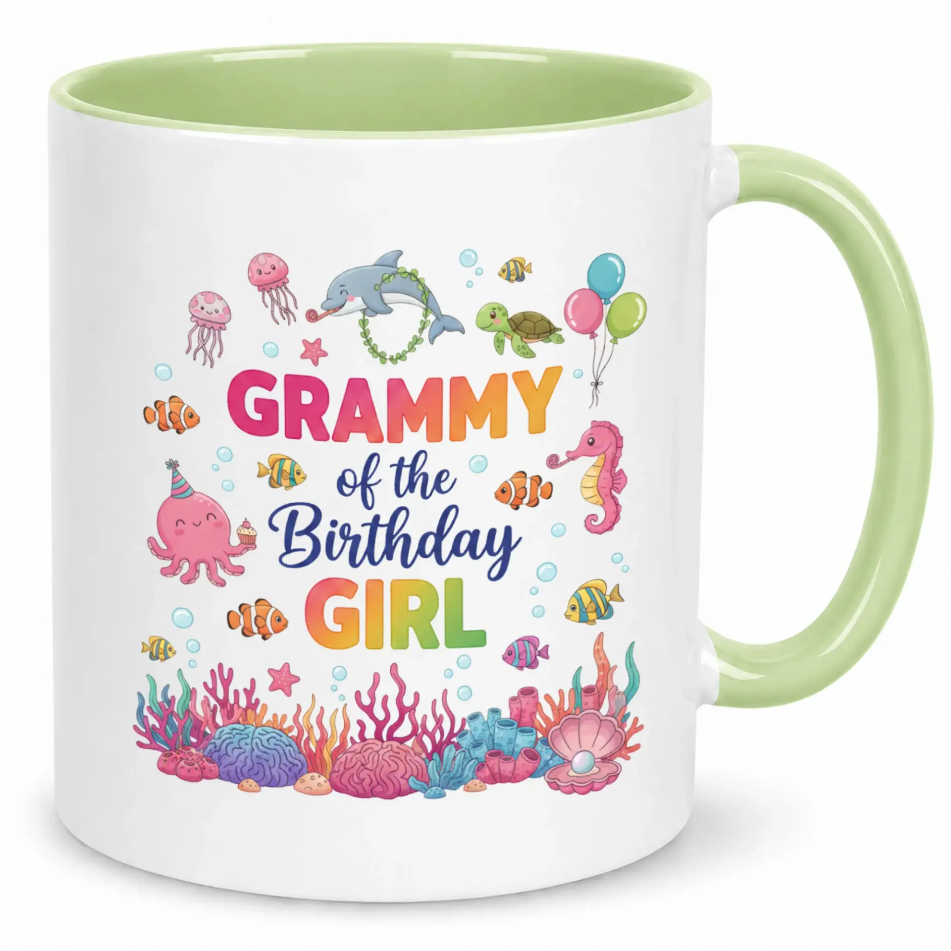 Coffee Mug for Grammy of the Birthday Girl Charming under Sea Ocean Animals Ceramic Tea Cup Fun Celebration Drinkware Gift