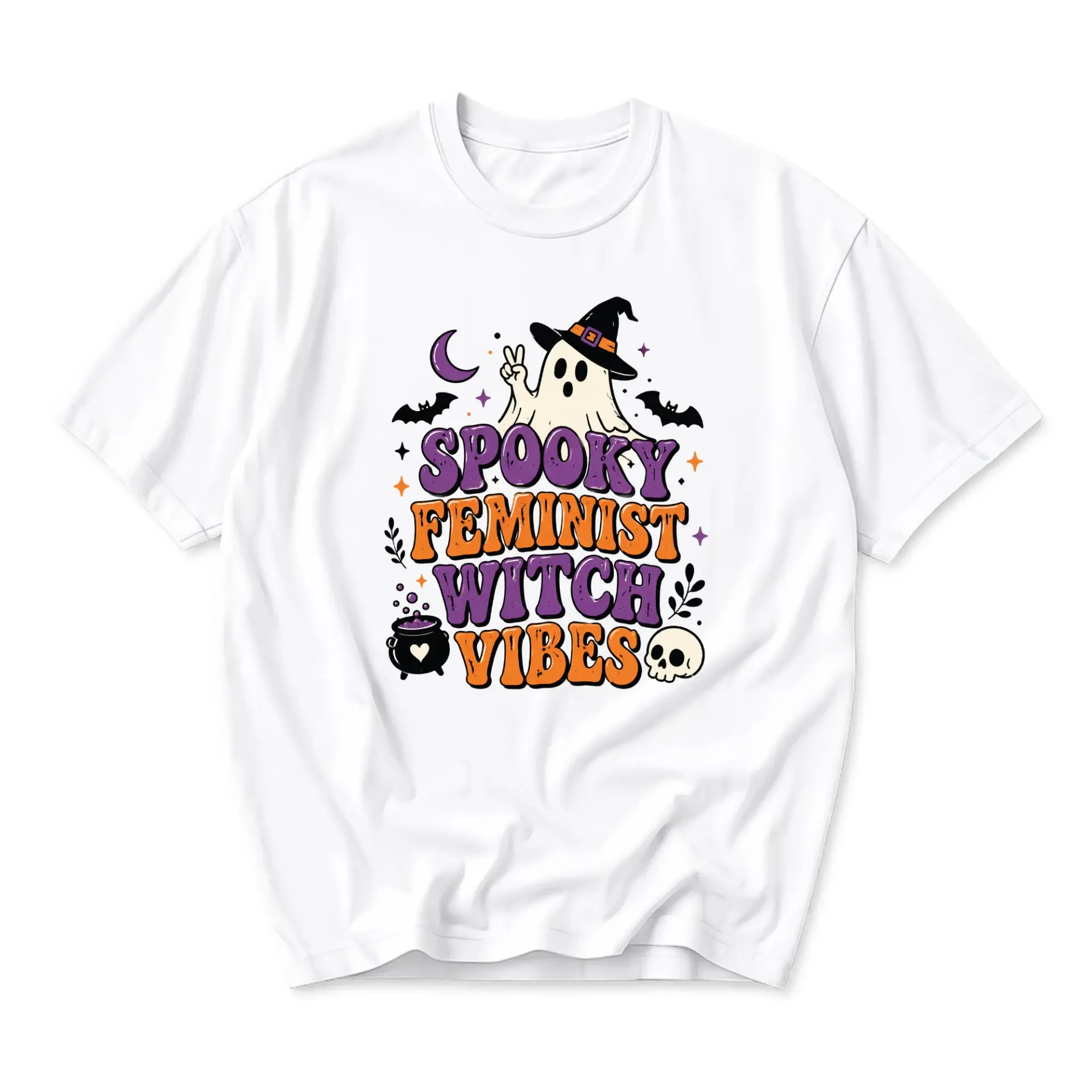 Graphic Tee Spooky Feminist Witch Vibes Unisex Crew Neck T-Shirt Casual Cotton Blend Fall Apparel for Everyday Wear