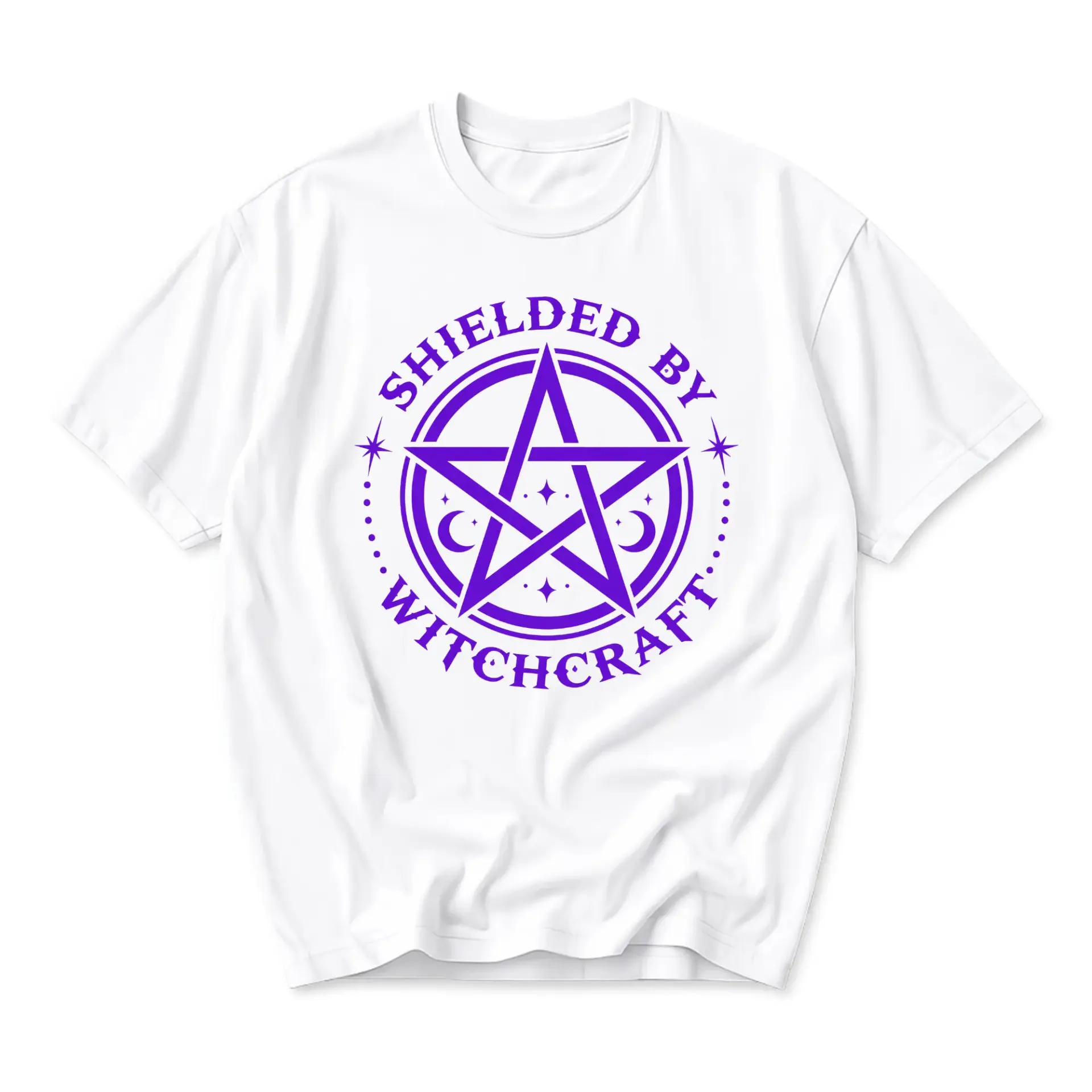 Graphic Tee Shielded by Witchcraft Pentagram Design Unisex Casual Cotton Crew Neck Short Sleeve Shirt White Apparel