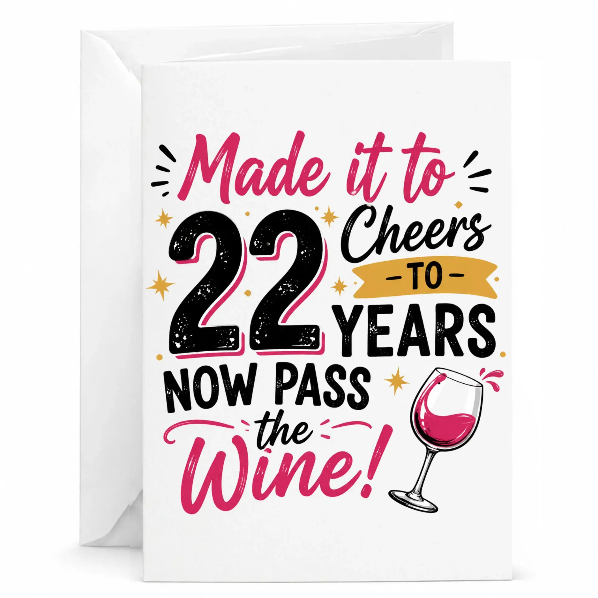 Funny 22nd Birthday Greeting Card for Wine Lovers, Twenty Second Milestone Celebration Note with Matching Envelope