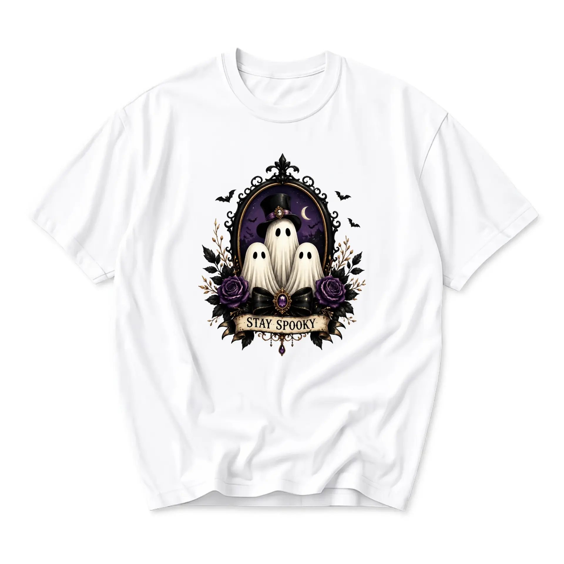 Graphic Tee Stay Spooky Ghost Illustration Unisex Crew Neck Short Sleeve Shirt for Casual Everyday Fashion Wear White