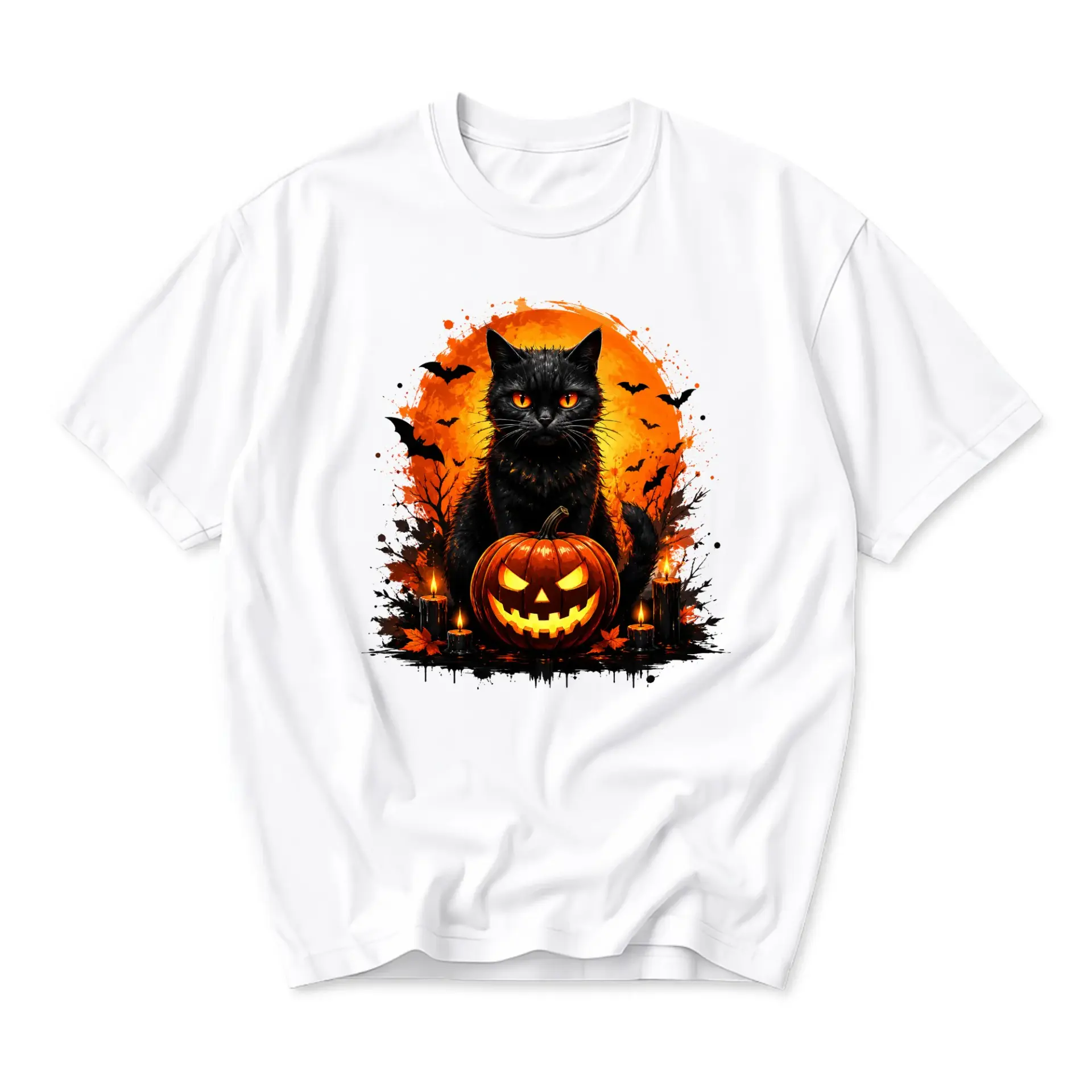 Graphic Tee Black Cat and Jack O Lantern Halloween Print Unisex Crew Neck Casual Everyday Shirt for Seasonal Festivities