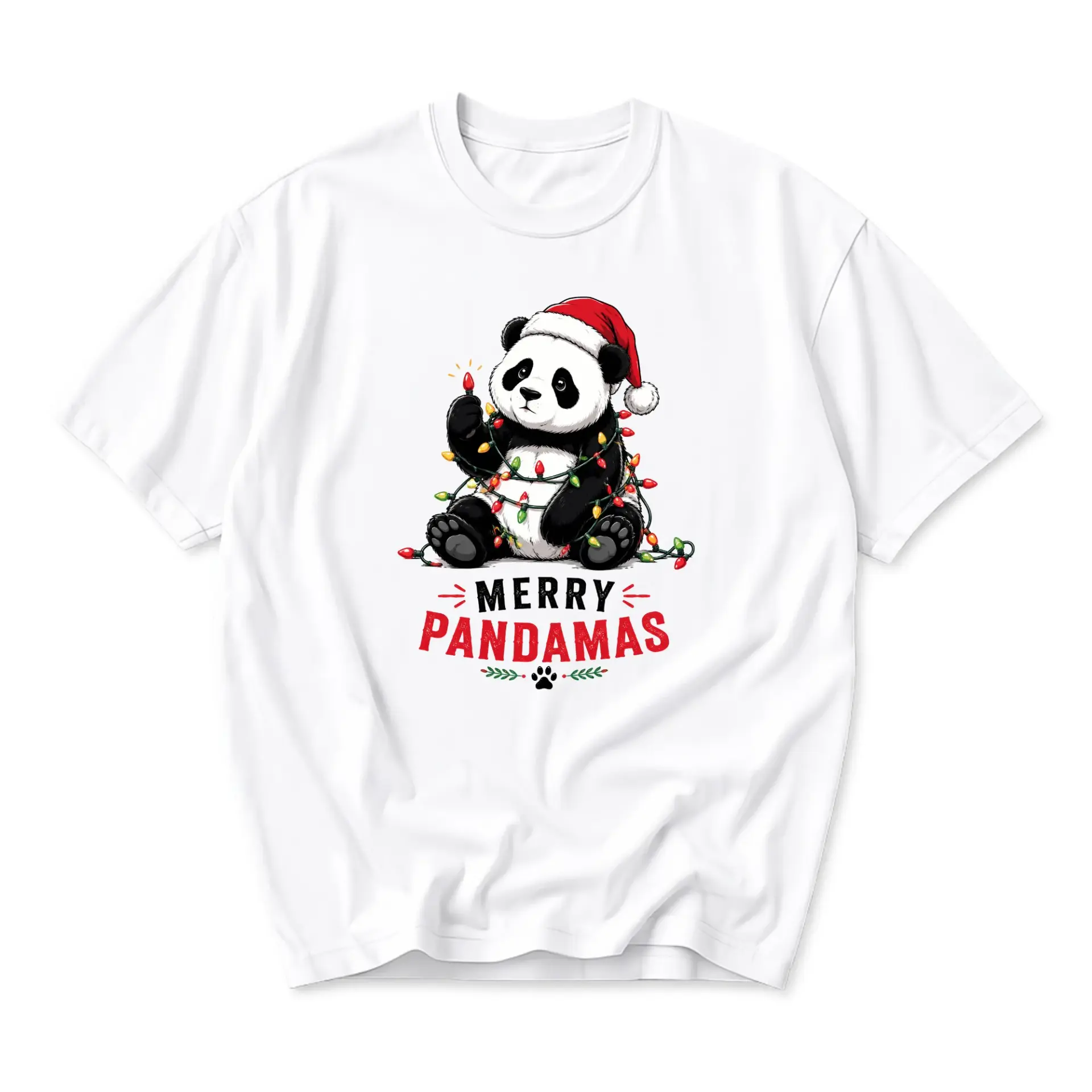 Funny Shirt Merry Pandamas Graphic Tee Cute Holiday Panda Print Unisex Cotton Crew Neck Casual Short Sleeve Top