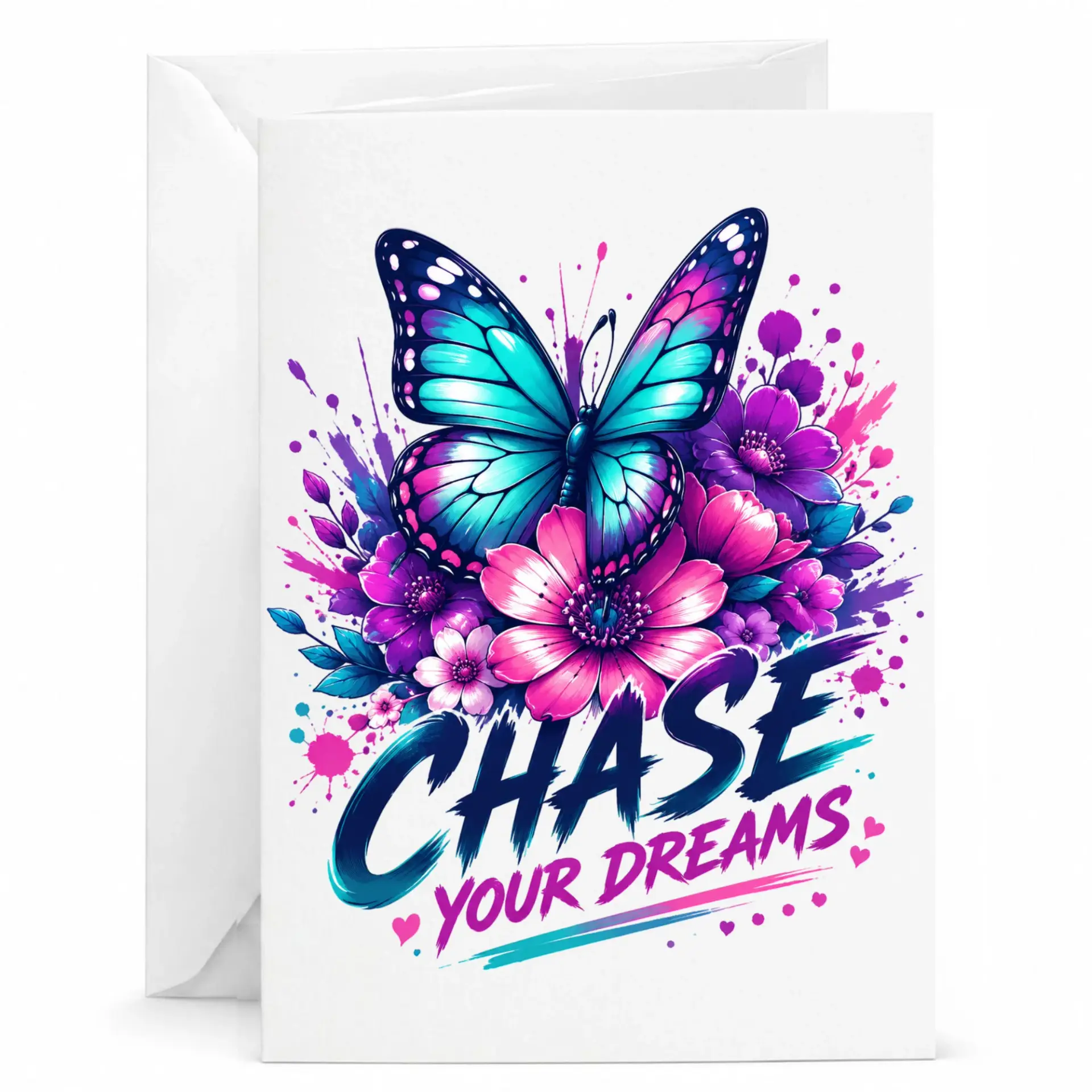 Inspirational Chase Your Dreams Greeting Card with Vibrant Butterfly and Floral Artwork for Personal Messages
