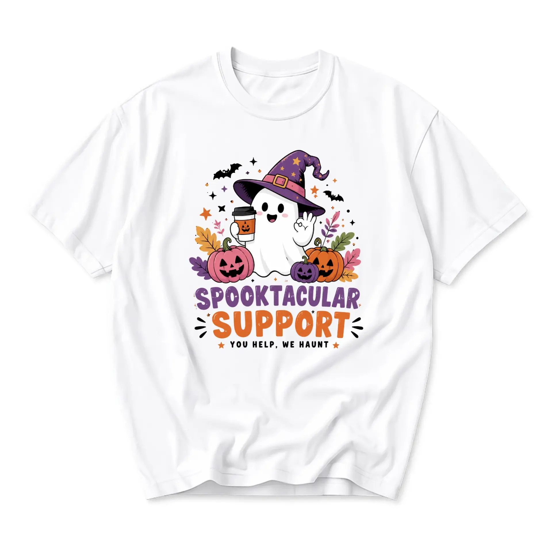 Funny Shirt Spooktacular Support Graphic Tee Cute Ghost Wearing Witch Hat with Pumpkins Casual Unisex Apparel White