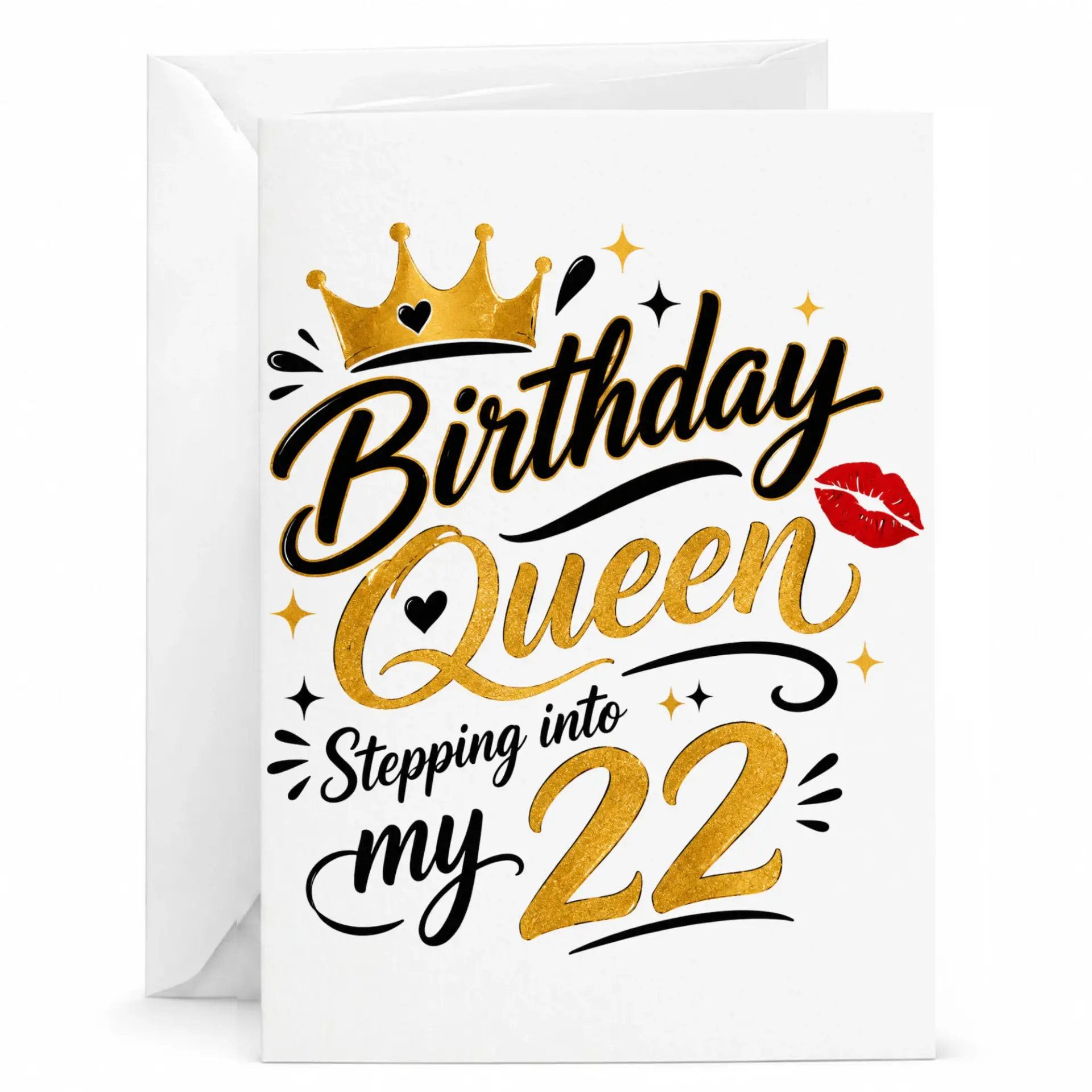Birthday Card for Her Birthday Queen Stepping into My 22 Gold Crown Typography Design Folded Greeting Card