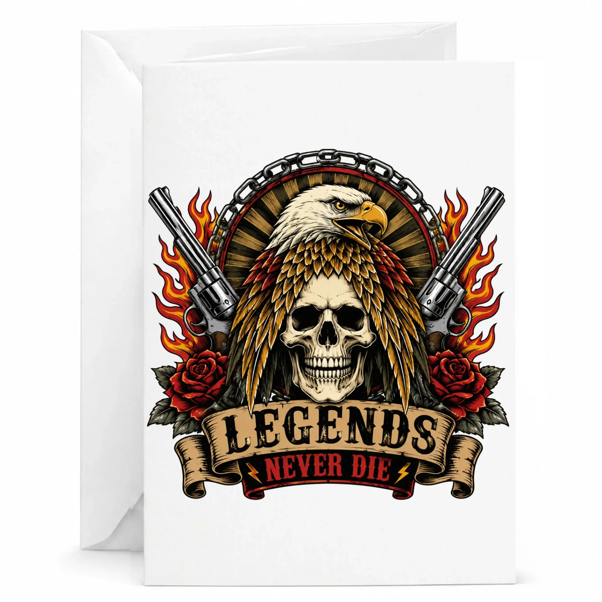 Legends Never Die Greeting Card with Skull Eagle and Revolvers Illustration for Birthday or Encouragement Occasions
