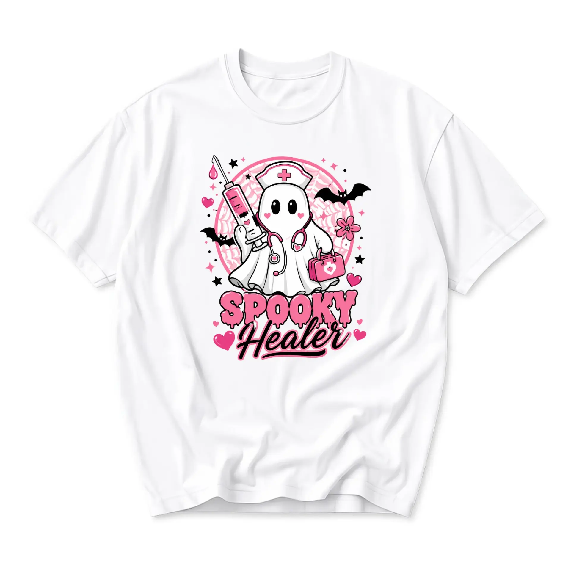 Graphic Tee Spooky Healer Ghost Nurse Unisex Shirt Cute Medical Theme Apparel for Everyday Casual Wear and Gift Giving