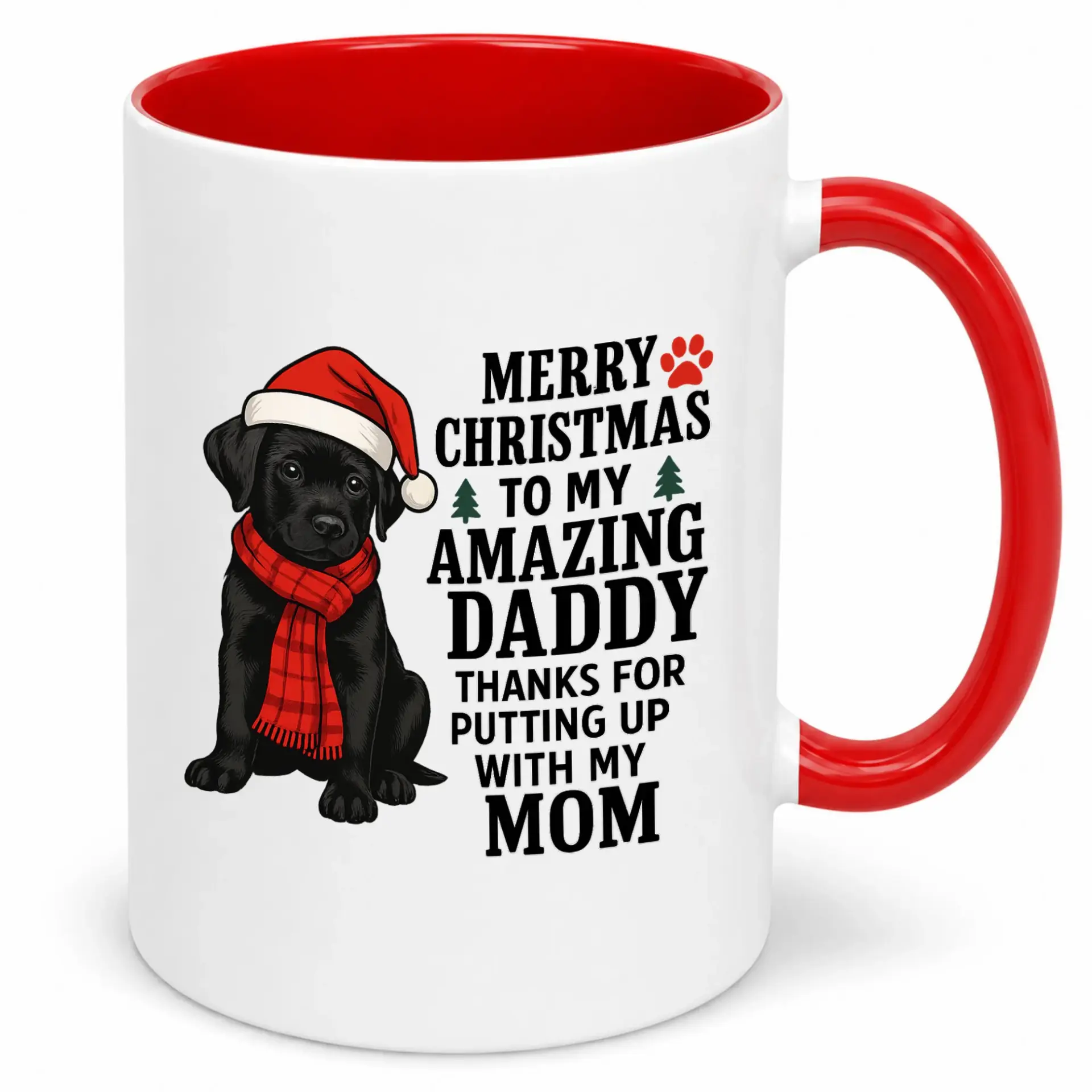 Funny Christmas Coffee Mug for Dad Featuring Black Labrador Puppy in Santa Hat; Unique Ceramic Drinkware Gift for Amazing Daddy from Daughter Son