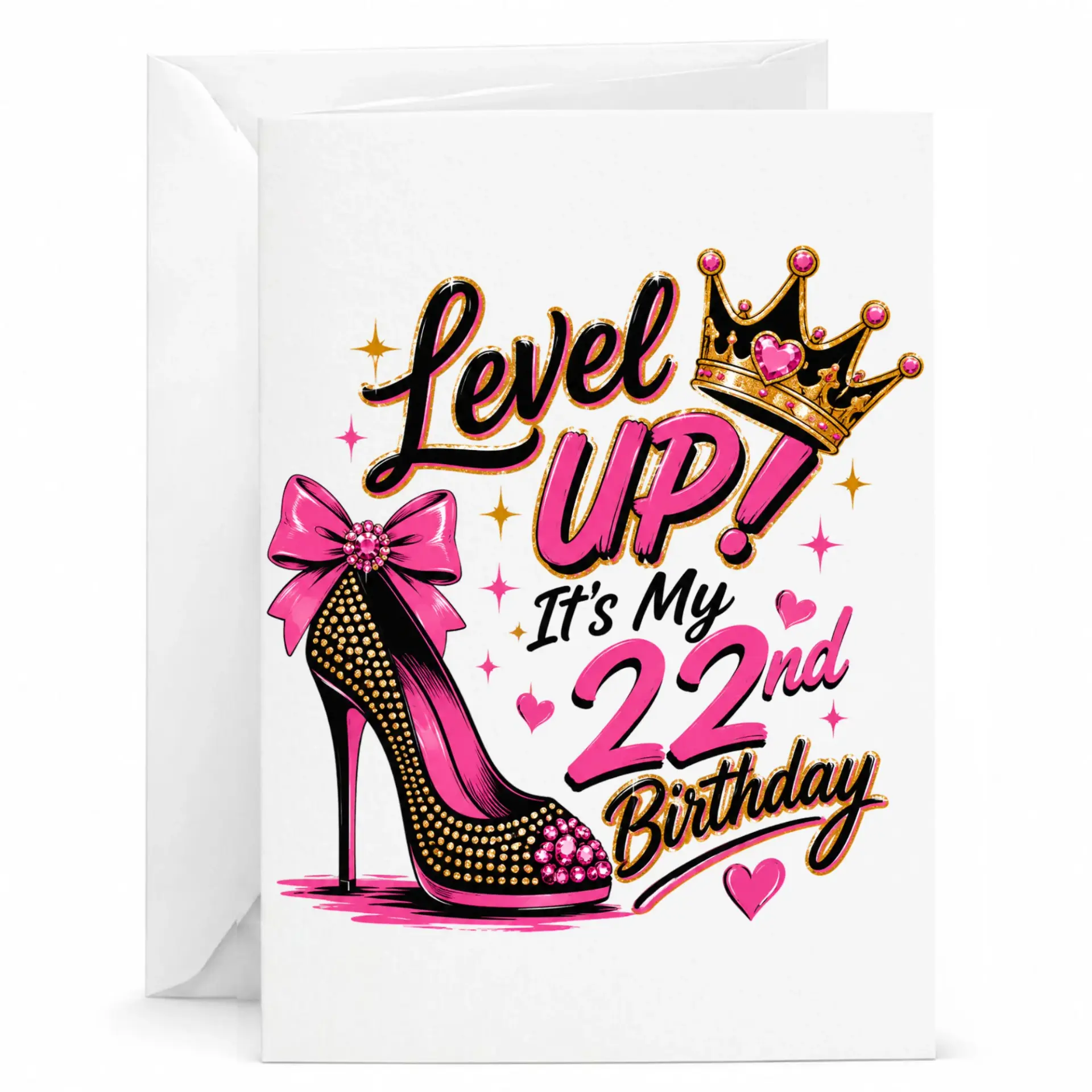 Birthday Card Level up It Is My 22nd Birthday Greeting Card with Envelope for Her Pink High Heel Stiletto Shoe Art