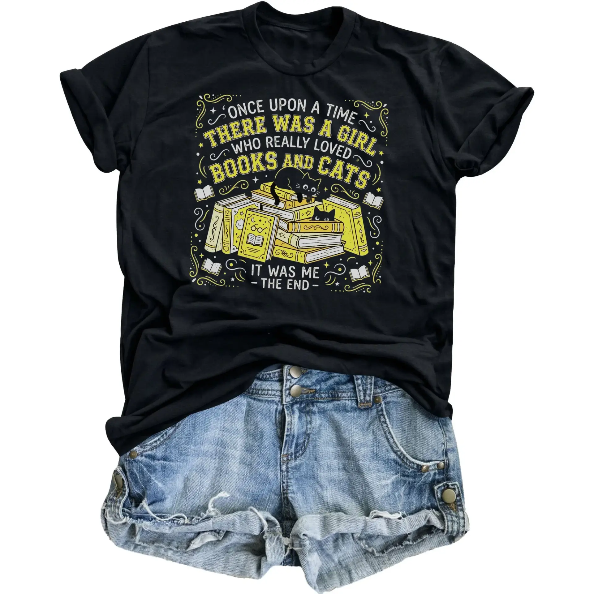 Graphic Tee Funny Once Upon a Time Books and Cats Quote Unisex Crew Neck Casual Everyday Printed Short Sleeve Shirt