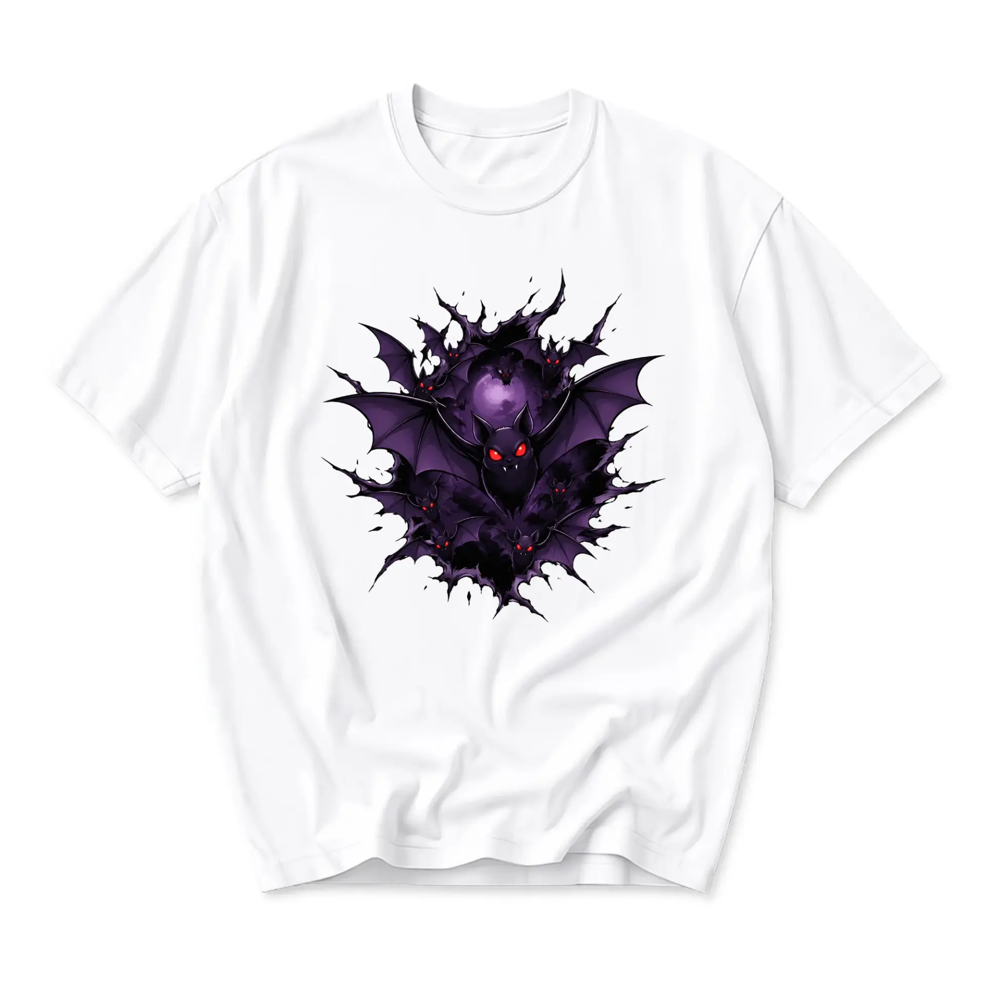 Graphic Tee Unisex Crew Neck Short Sleeve Shirt Featuring Artistic Purple Bat Illustration for Casual Everyday Wear