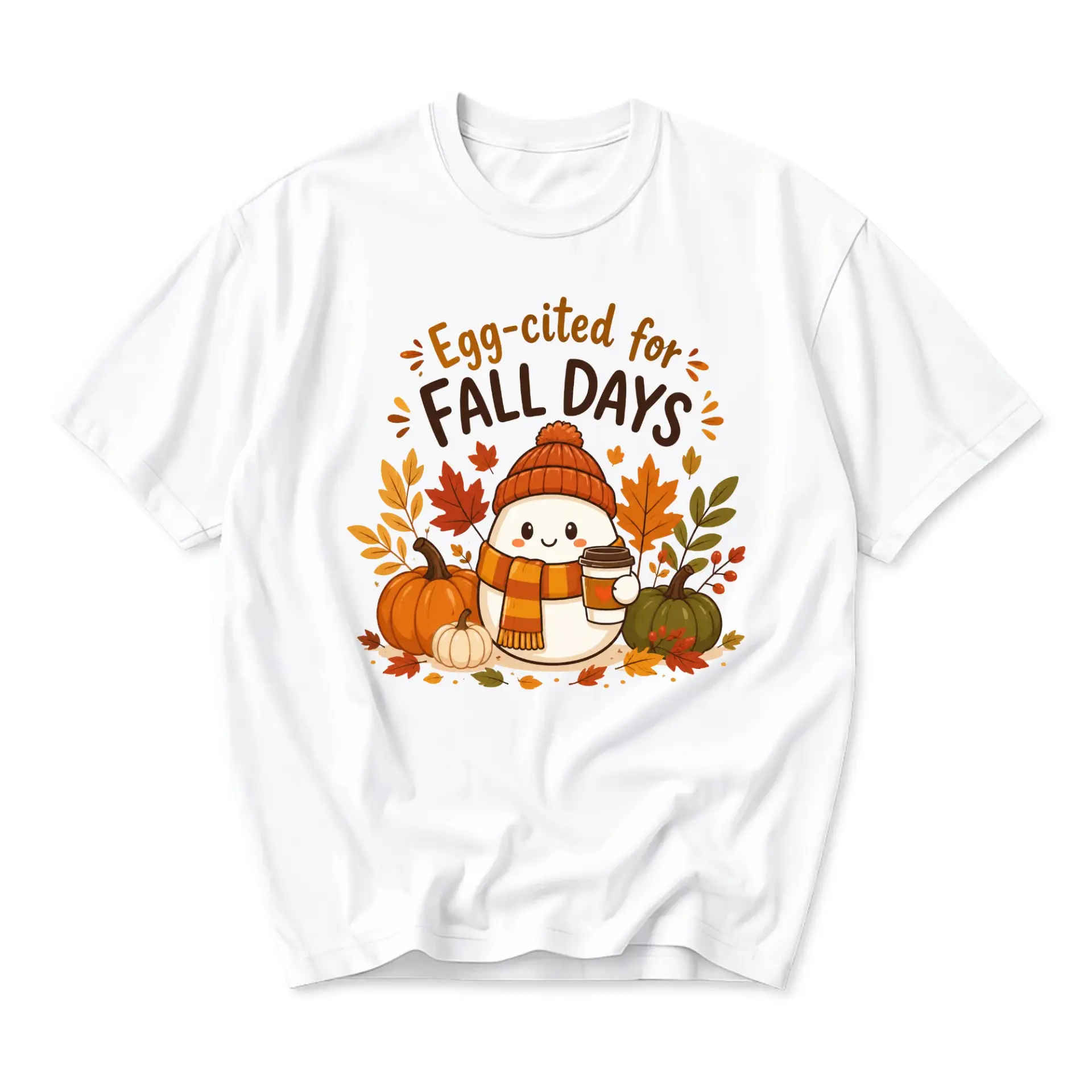 Funny Shirt Egg-Cited for Fall Days Graphic Tee Cute Autumn Pumpkin Coffee Illustration Casual Unisex Crew Neck T-Shirt