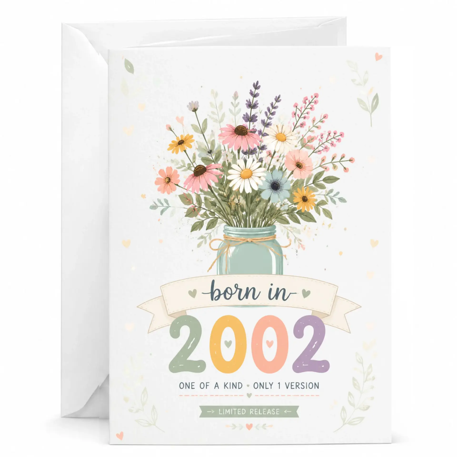 Greeting Card Born in 2002 Flower Jar Illustration Vintage Style Birthday Milestone Commemorative Stationery Note