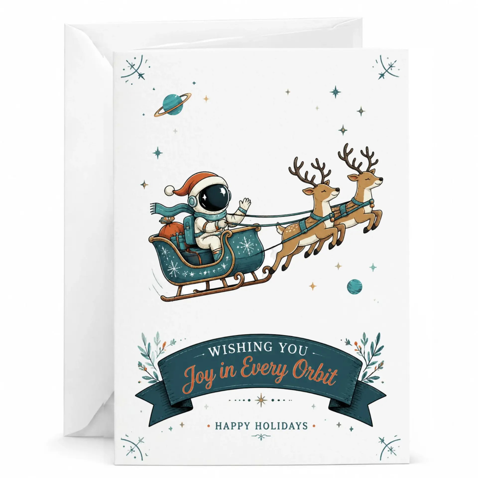Greeting Card Wishing You Joy in Every Orbit Festive Astronaut in Sleigh with Reindeer Holiday Stationery