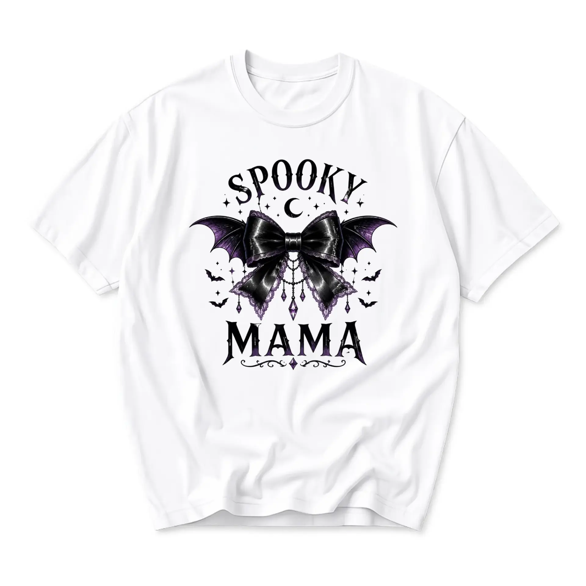Graphic Tee Spooky Mama Bat Bow Aesthetic Gothic Illustration Print Cotton Unisex Short Sleeve Crew Neck Casual Shirt
