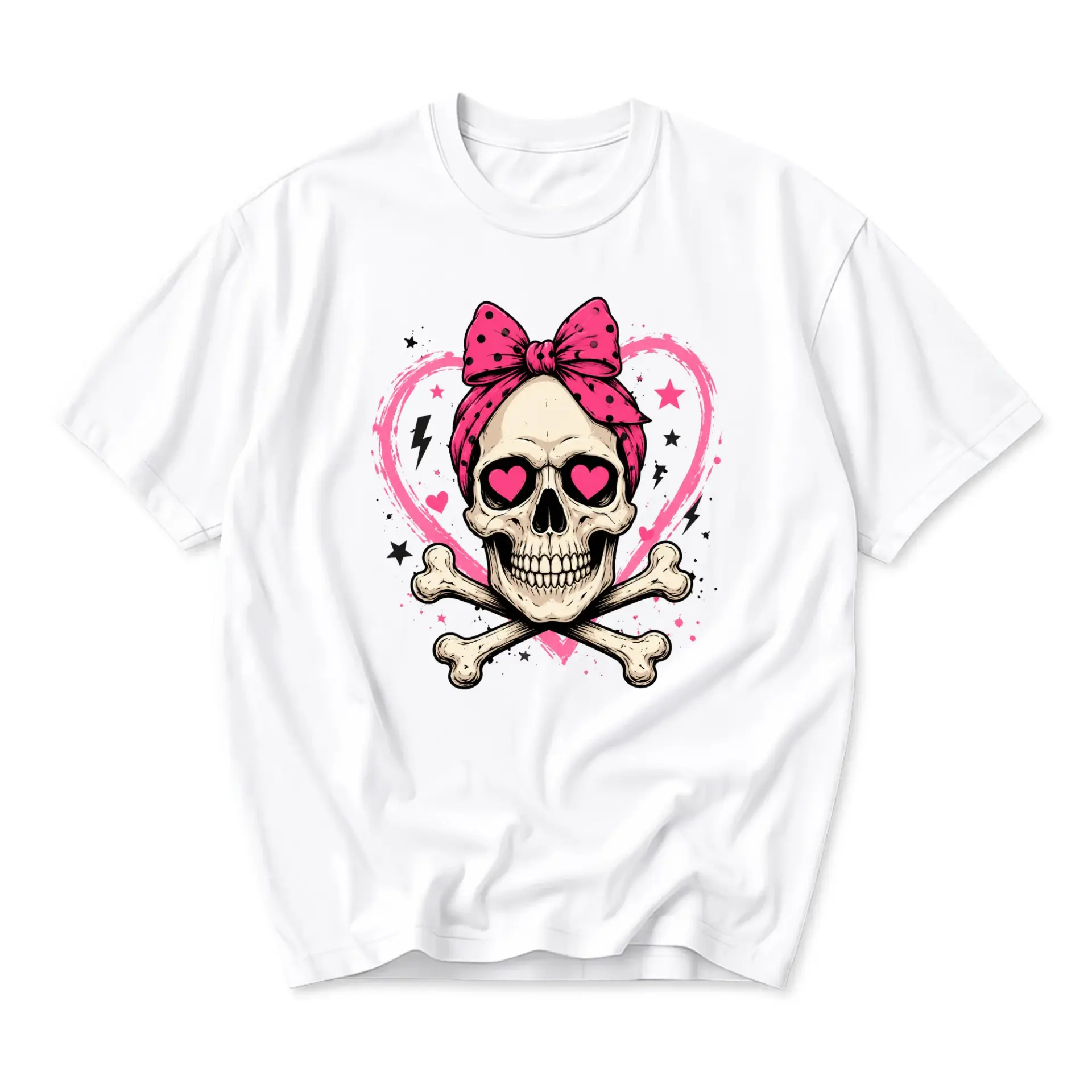 Graphic Tee Skull with Pink Bow and Heart Eyes Artistic Illustration Unisex Short Sleeve Casual Everyday Crew Neck Shirt