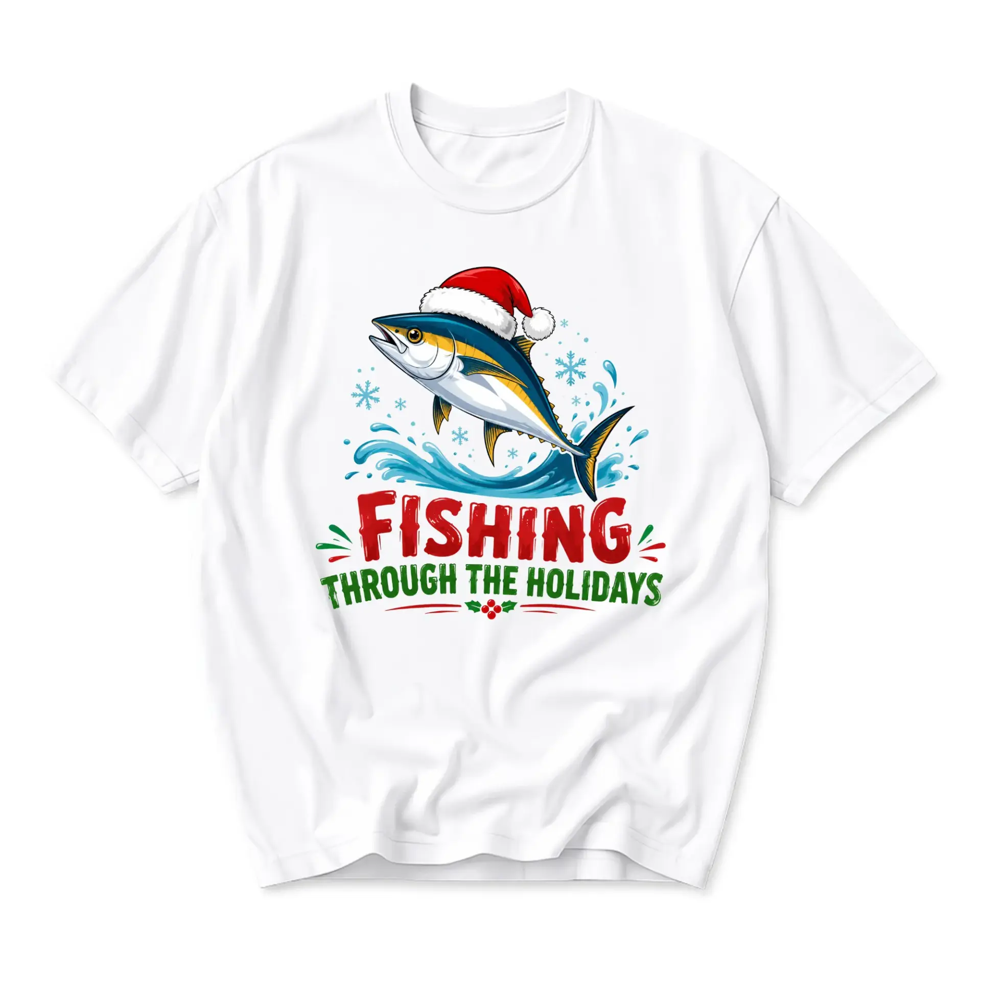 Funny Shirt Fishing Through the Holidays Unisex Graphic Printed T-Shirt Seasonal Christmas Apparel White Tee