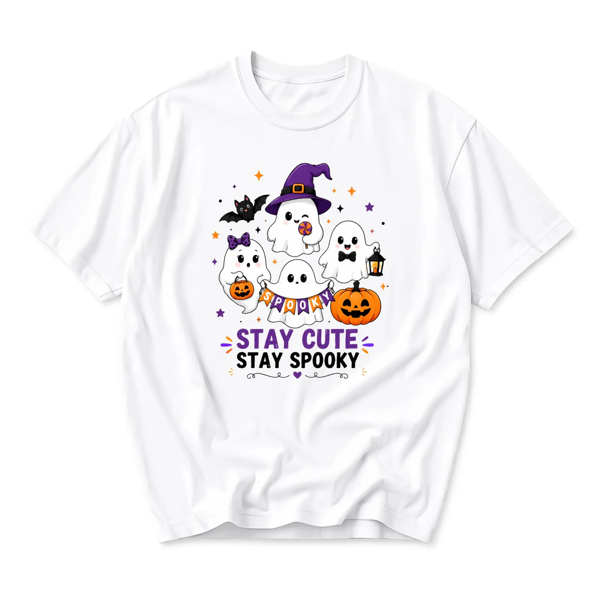 Graphic Tee Stay Cute Stay Spooky Halloween Ghost Shirt Featuring Kawaii Ghosts and Jack O Lantern Pumpkin Design