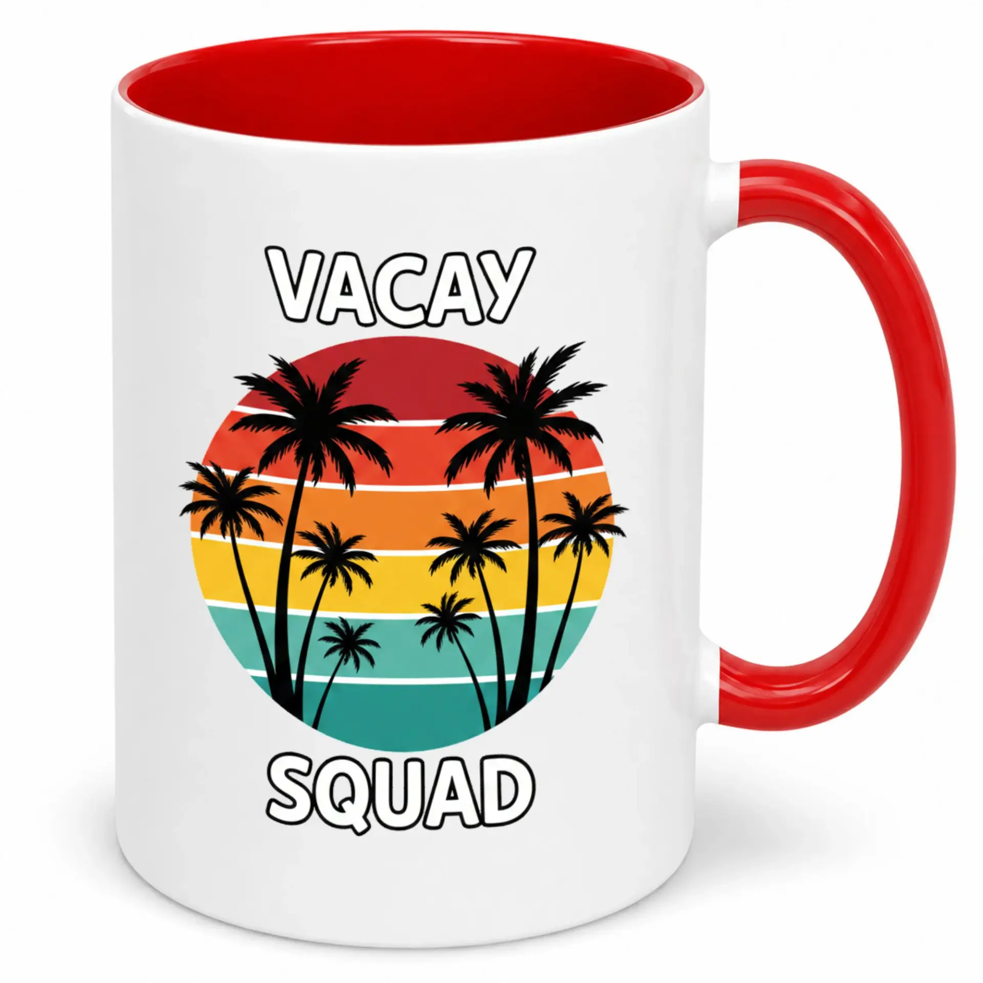 Funny Vacation Squad Ceramic Coffee Mug with Tropical Tree Sunset Design Ideal for Travel Enthusiasts & Beach Lovers