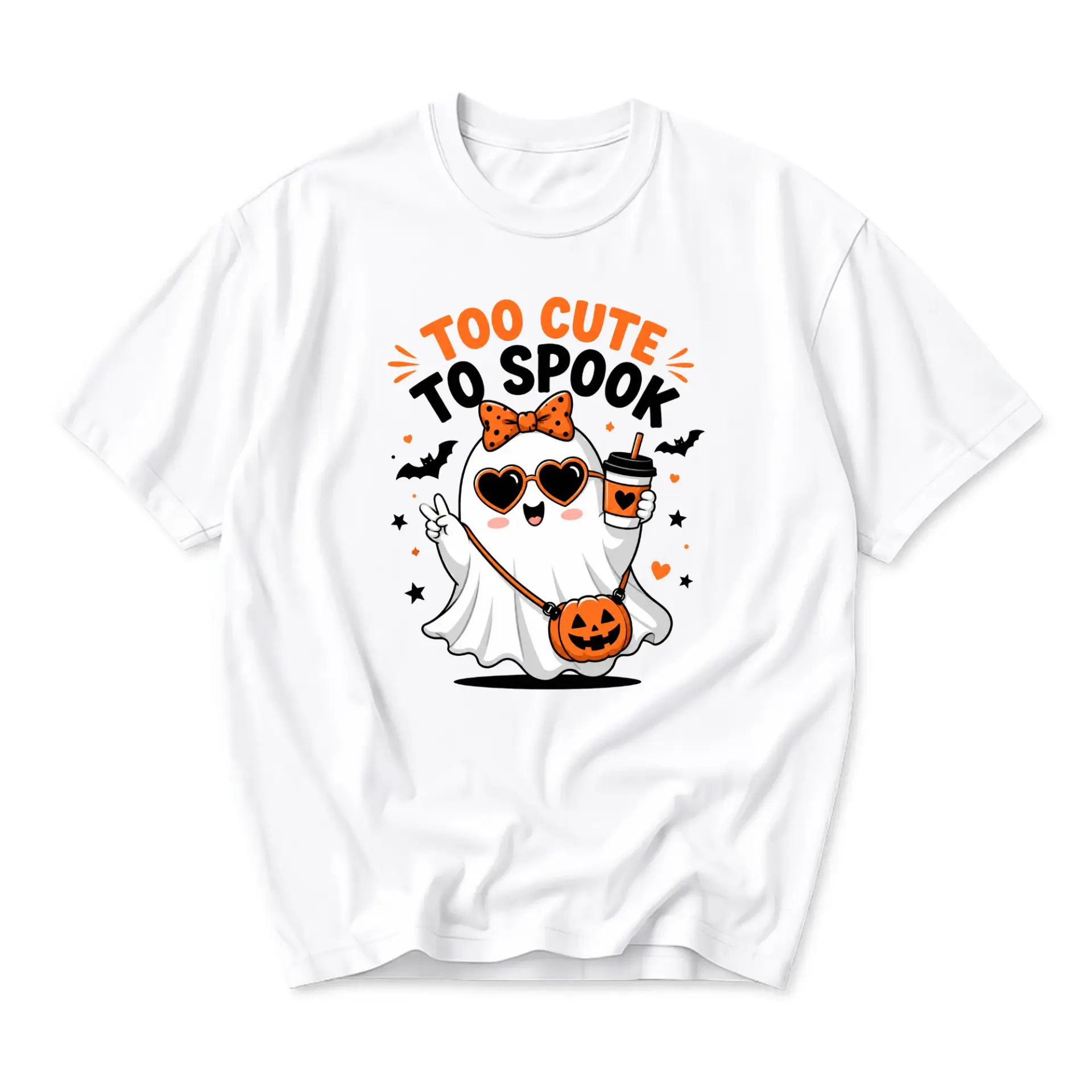 Funny Shirt Too Cute to Spook Ghost Graphic Tee Unisex Crew Neck Short Sleeve Casual Cotton Blend Holiday Apparel