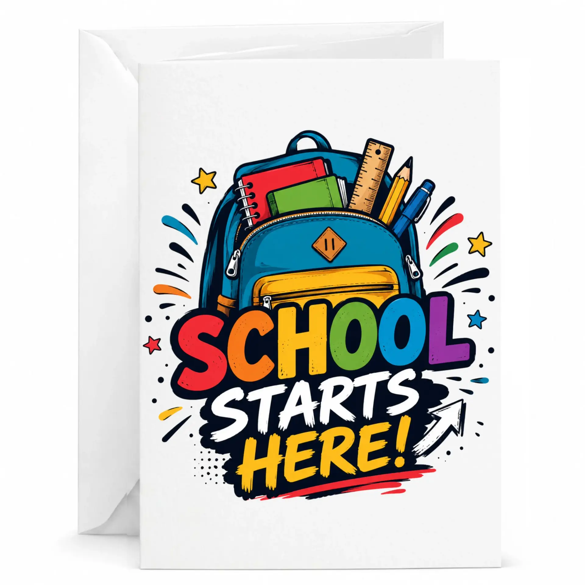 Greeting Card School Starts Here Educational Themed Illustration Stationery for Seasonal and Encouragement