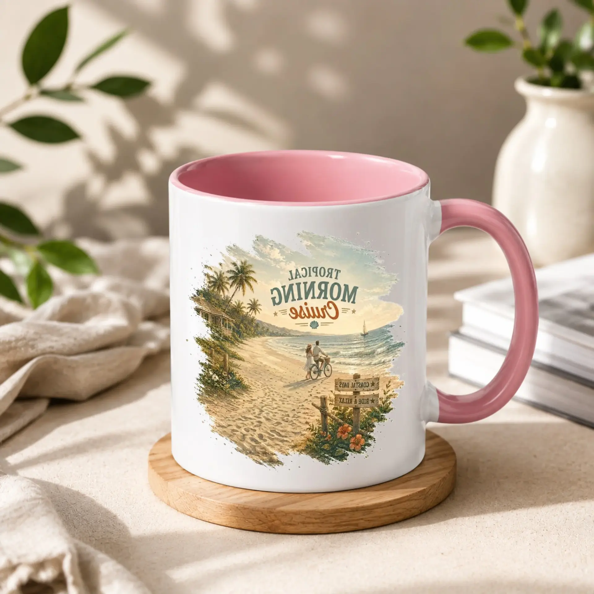 Tropical Beach Ceramic Mug Coffee Cup Featuring Relaxing Ocean View Artwork with