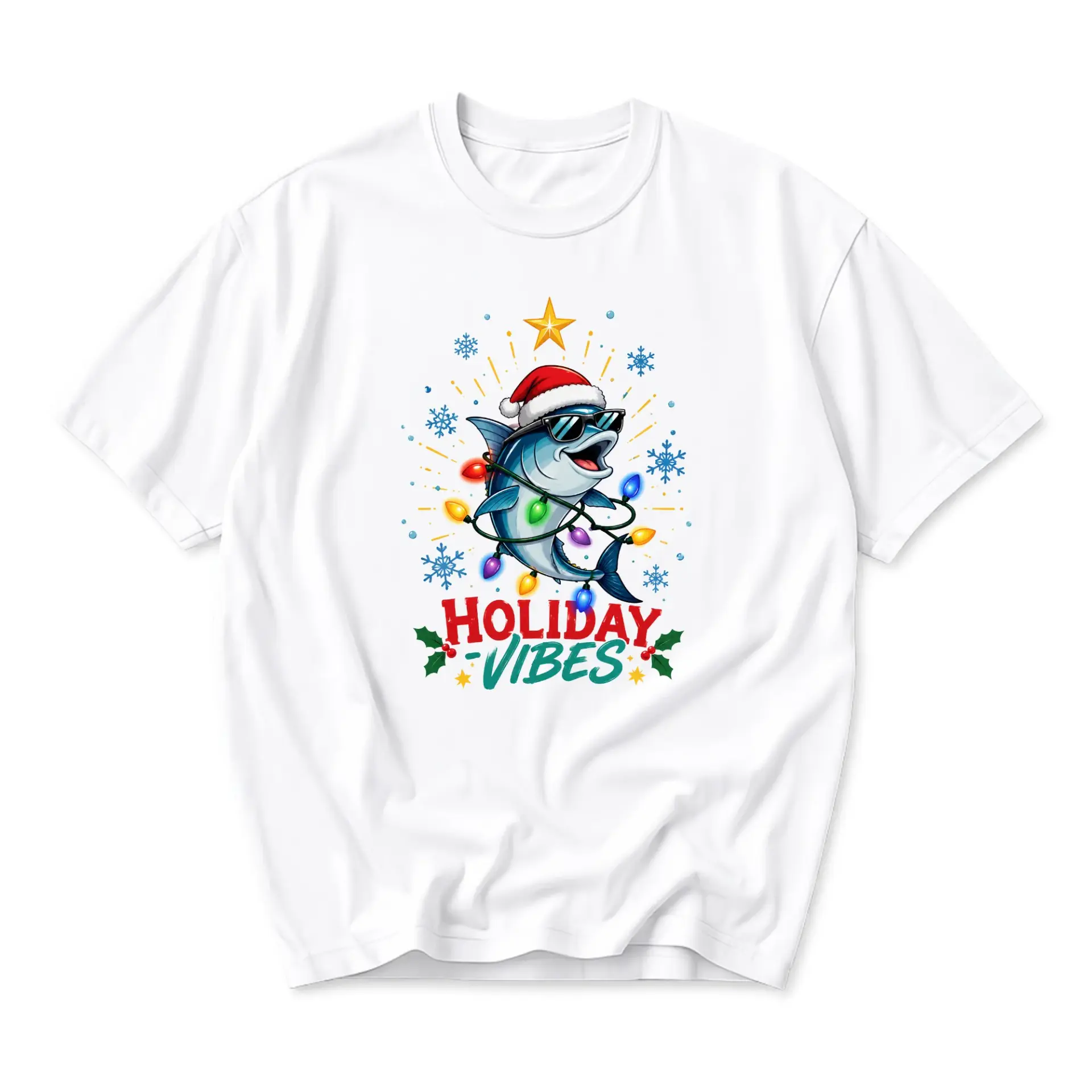 Funny Shirt Holiday Fish Christmas T-Shirt Unisex Crew Neck Graphic Tee Seasonal Humor Apparel for Casual Wear